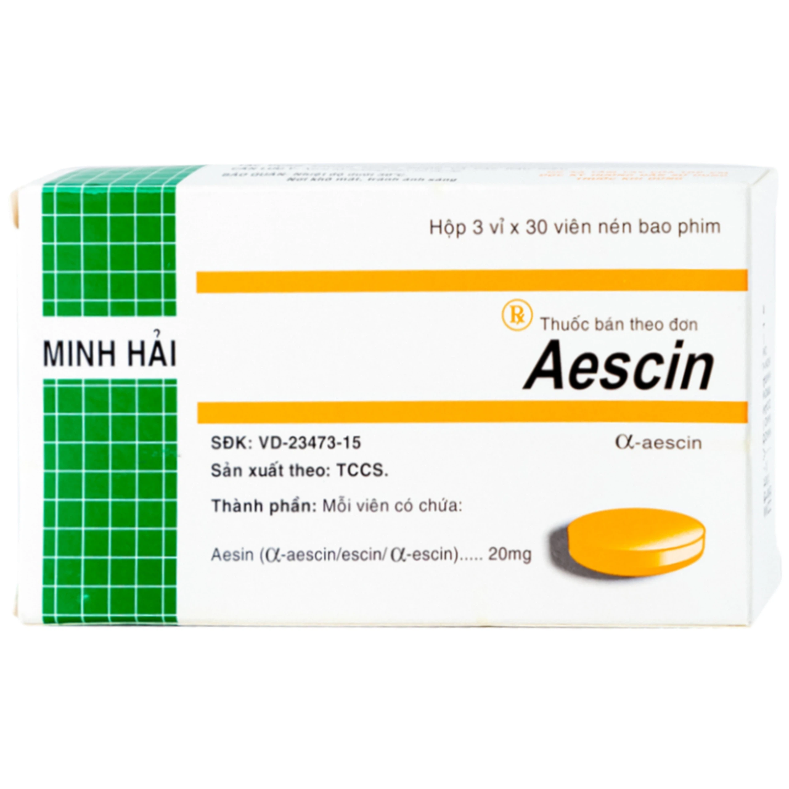 Thuốc Aescin 20mg điều trị thiểu năng tĩnh mạch mãn tính, giãn tĩnh mạch chân, trĩ (3 vỉ x 30 viên)