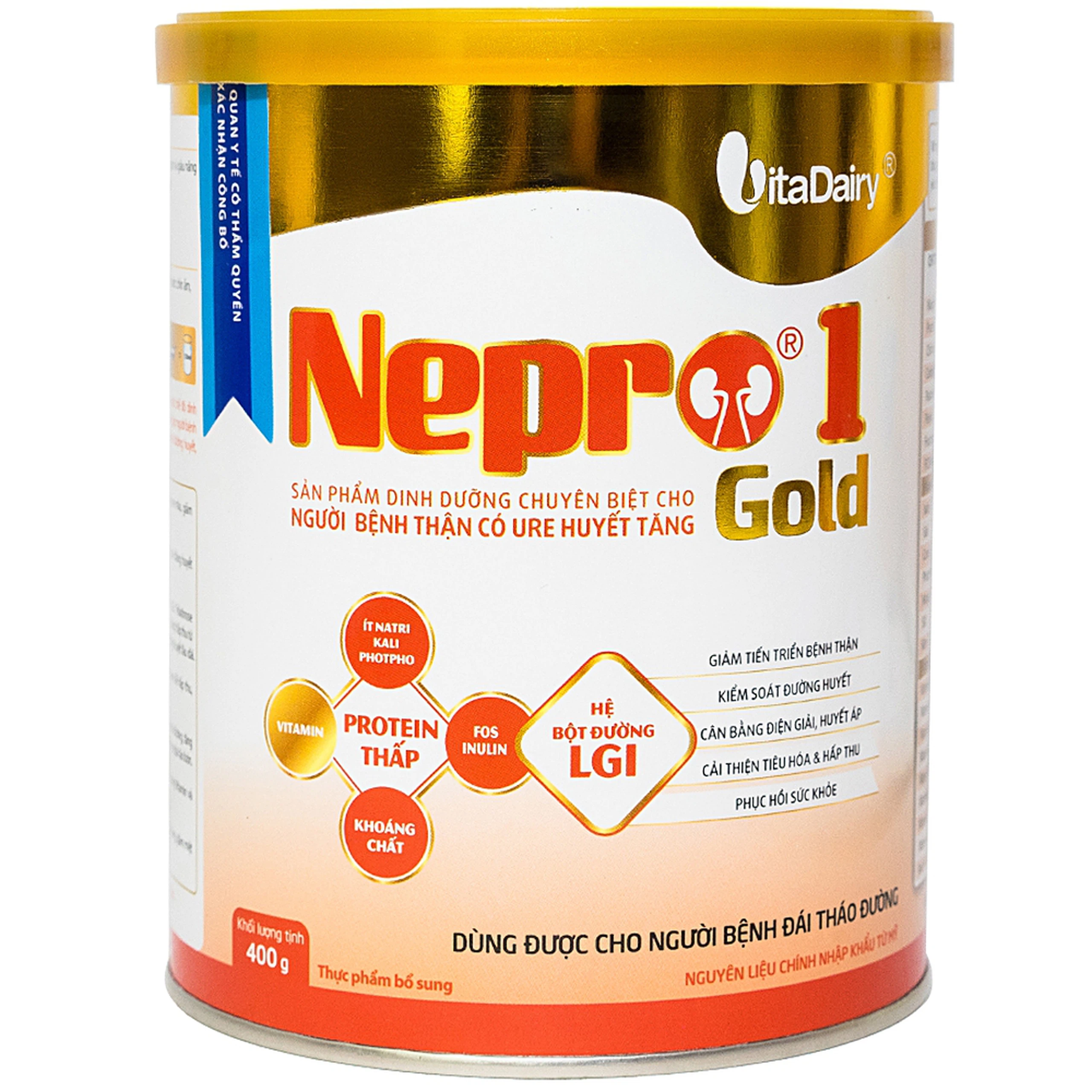 Sữa bột Nepro 1 Gold VitaDairy bổ sung dinh dưỡng giảm protein dành cho người bệnh đái tháo đường (400g)