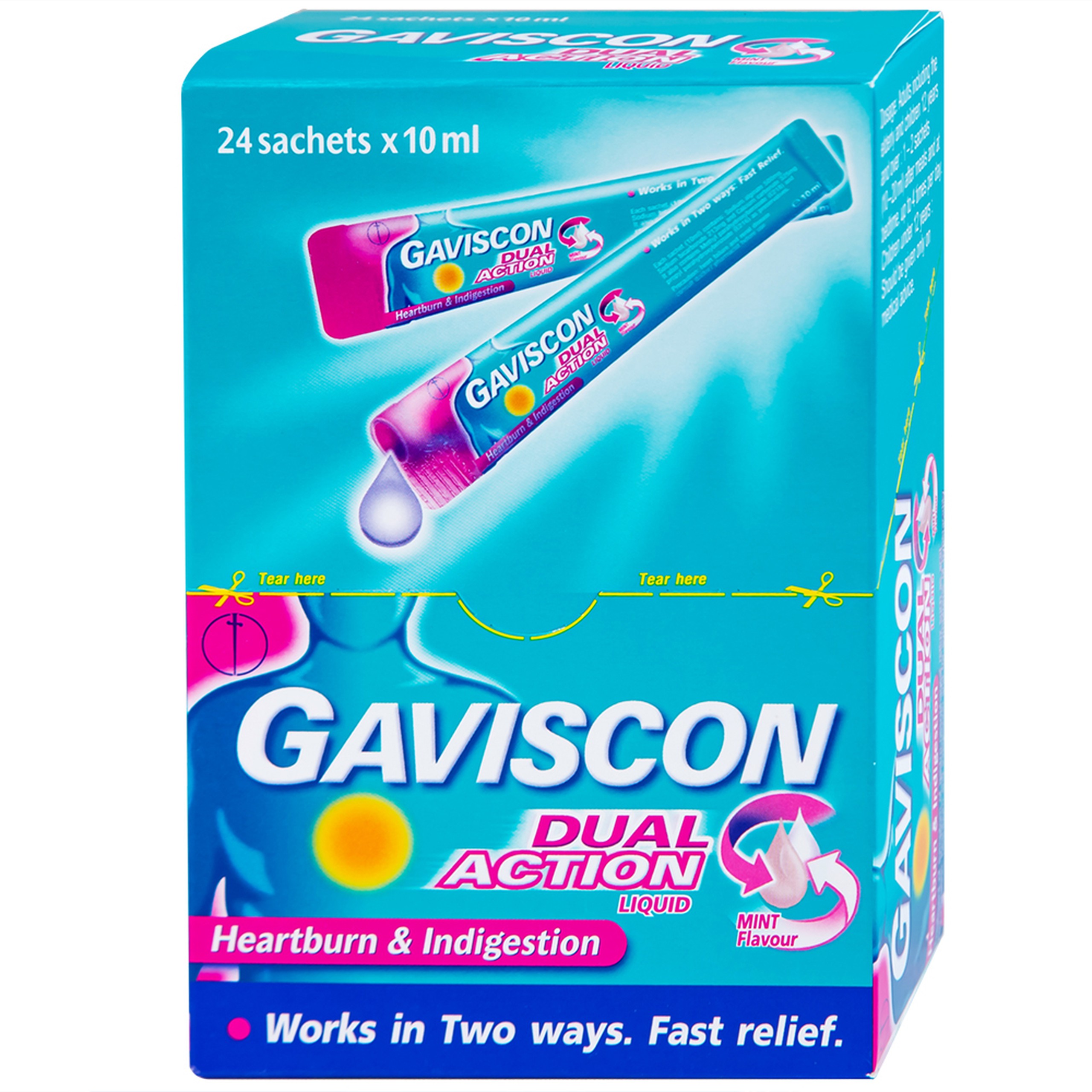 Hỗn dịch Gaviscon Dual Action Reckitt Benckiser điều trị trào ngược dạ dày, thực quản (24 gói x 10ml)