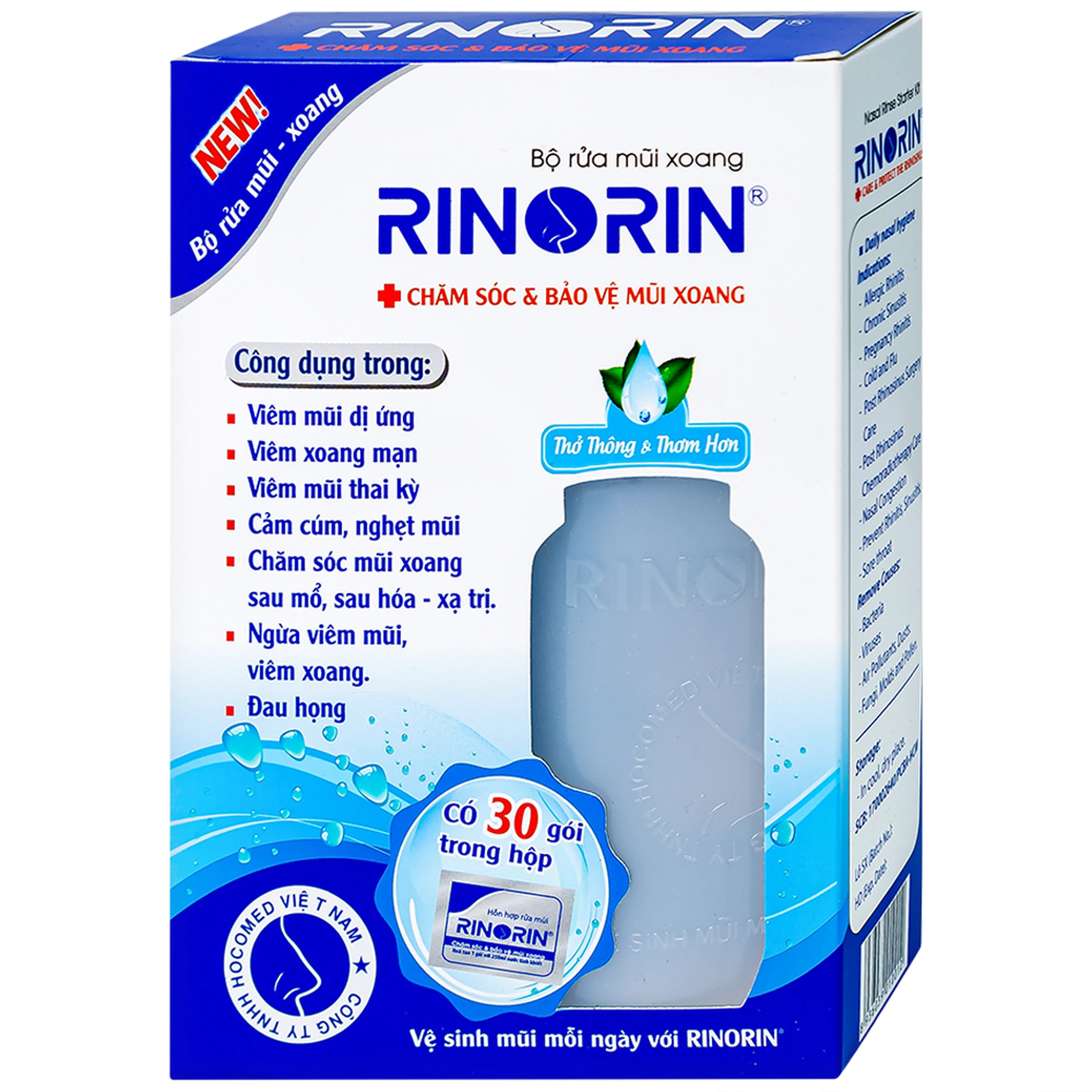 Bộ rửa mũi xoang Rinorin giảm viêm mũi dị ứng, viêm xoang mạn, cảm cúm (1 bình + 30 gói)