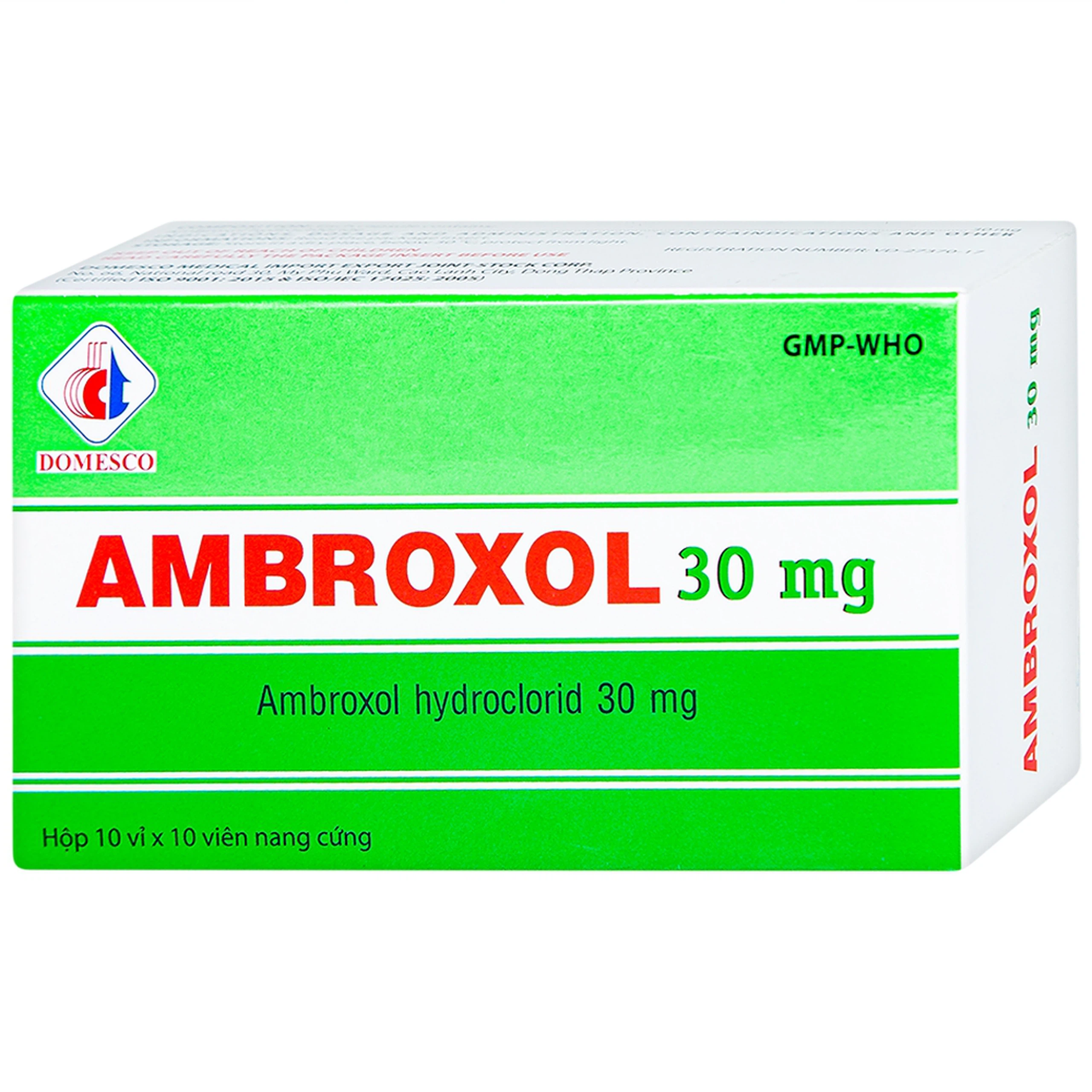 Thuốc Ambroxol 30mg Domesco điều trị viêm phế quản, hen phế quản (10 vỉ x 10 viên)