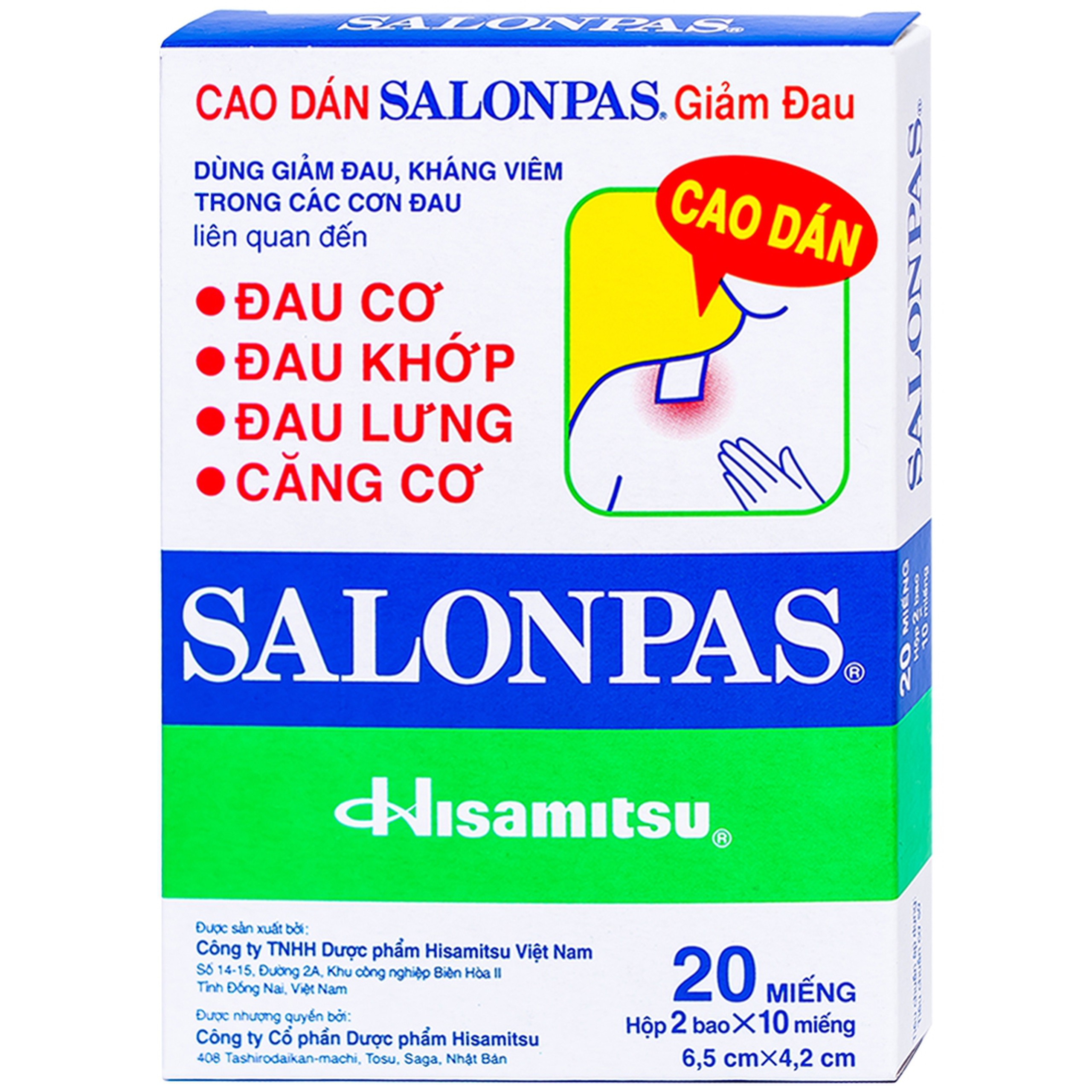 Cao dán Salonpas Hisamitsu giảm đau vai, đau lưng, đau cơ (2 gói x 10 miếng)