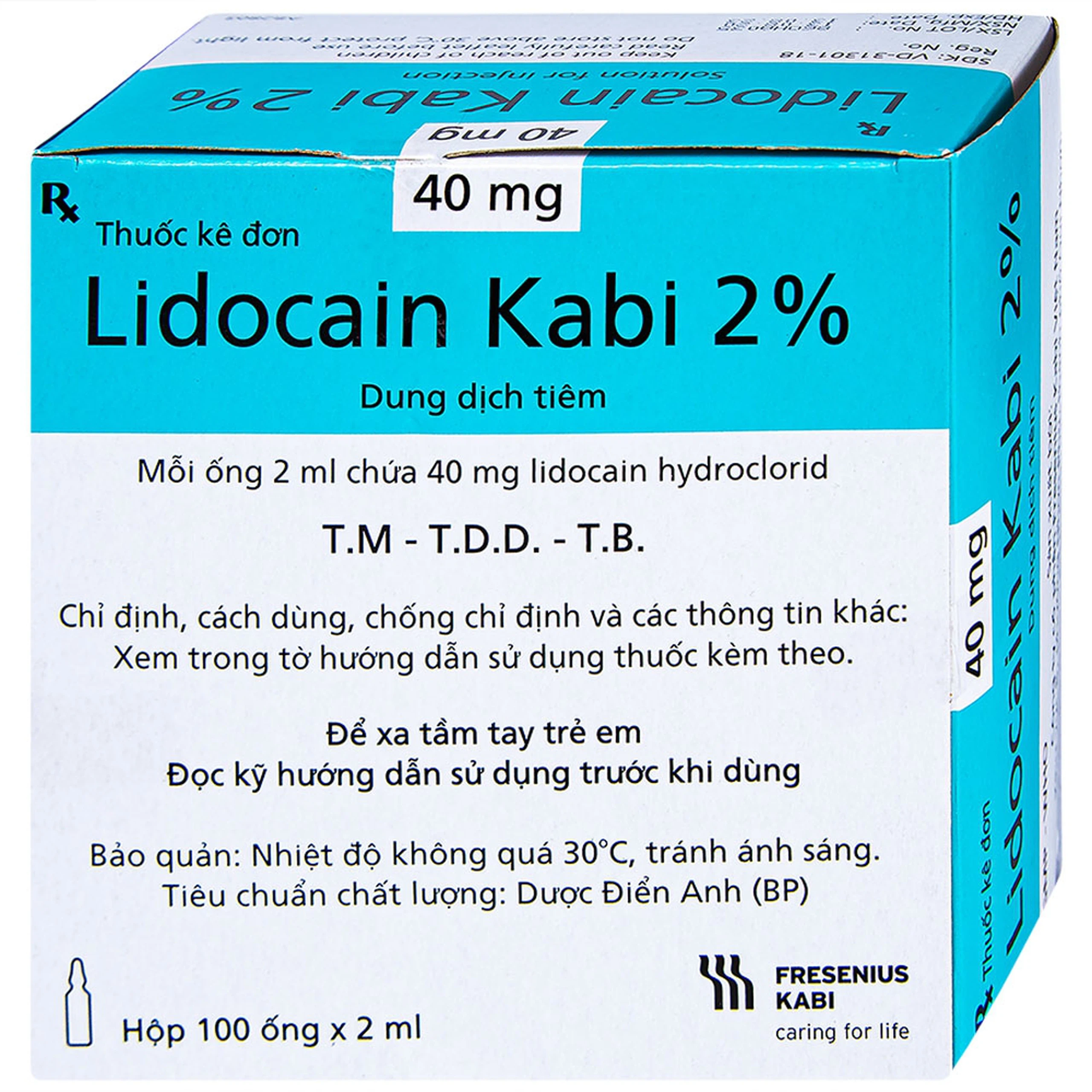Dung dịch tiêm Lidocain Kabi 2% dùng để gây tê tại chỗ (100 ống x 2ml)