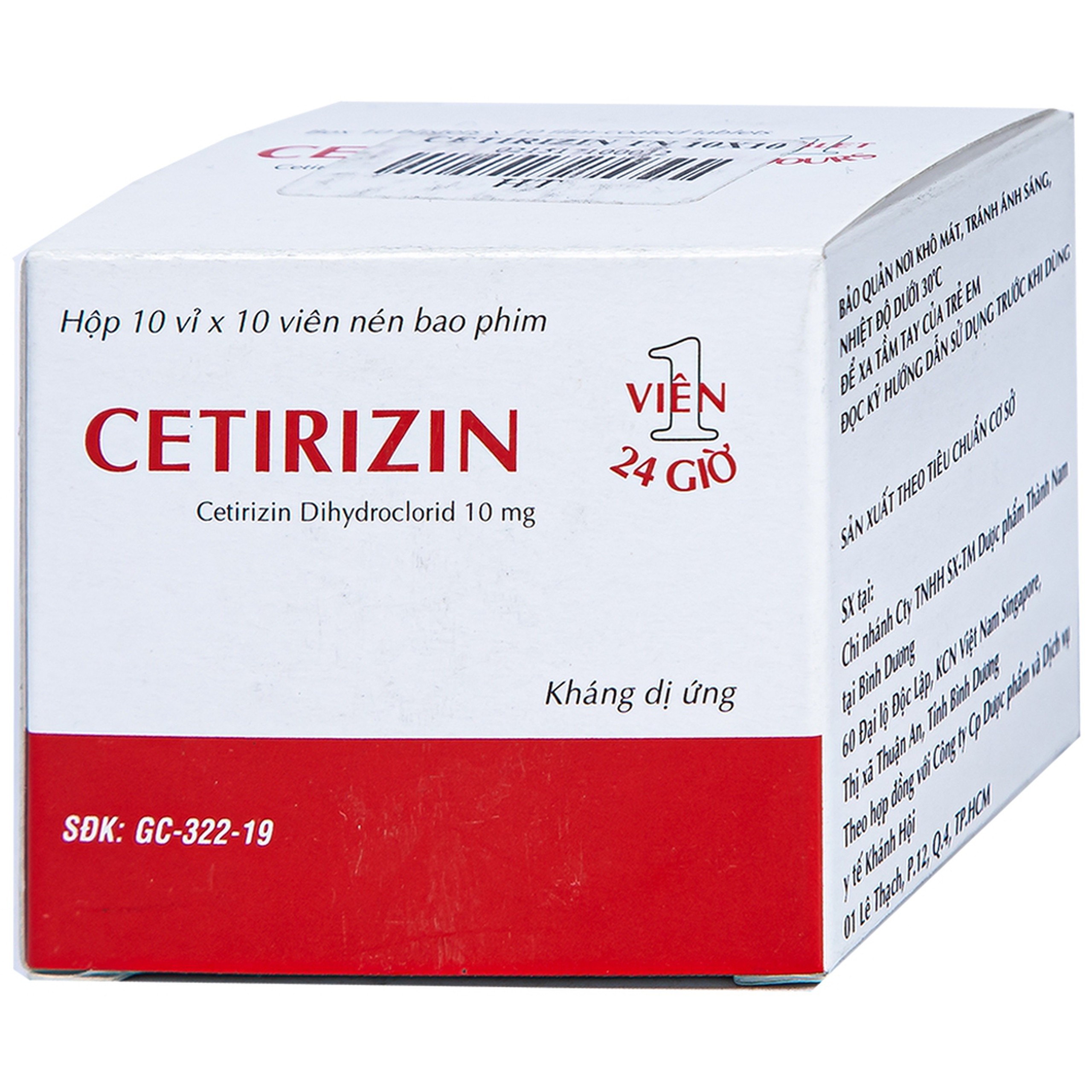 Thuốc Cetirizin 10mg Thành Nam điều trị viêm mũi dị ứng, mày đay (10 vỉ x 10 viên)