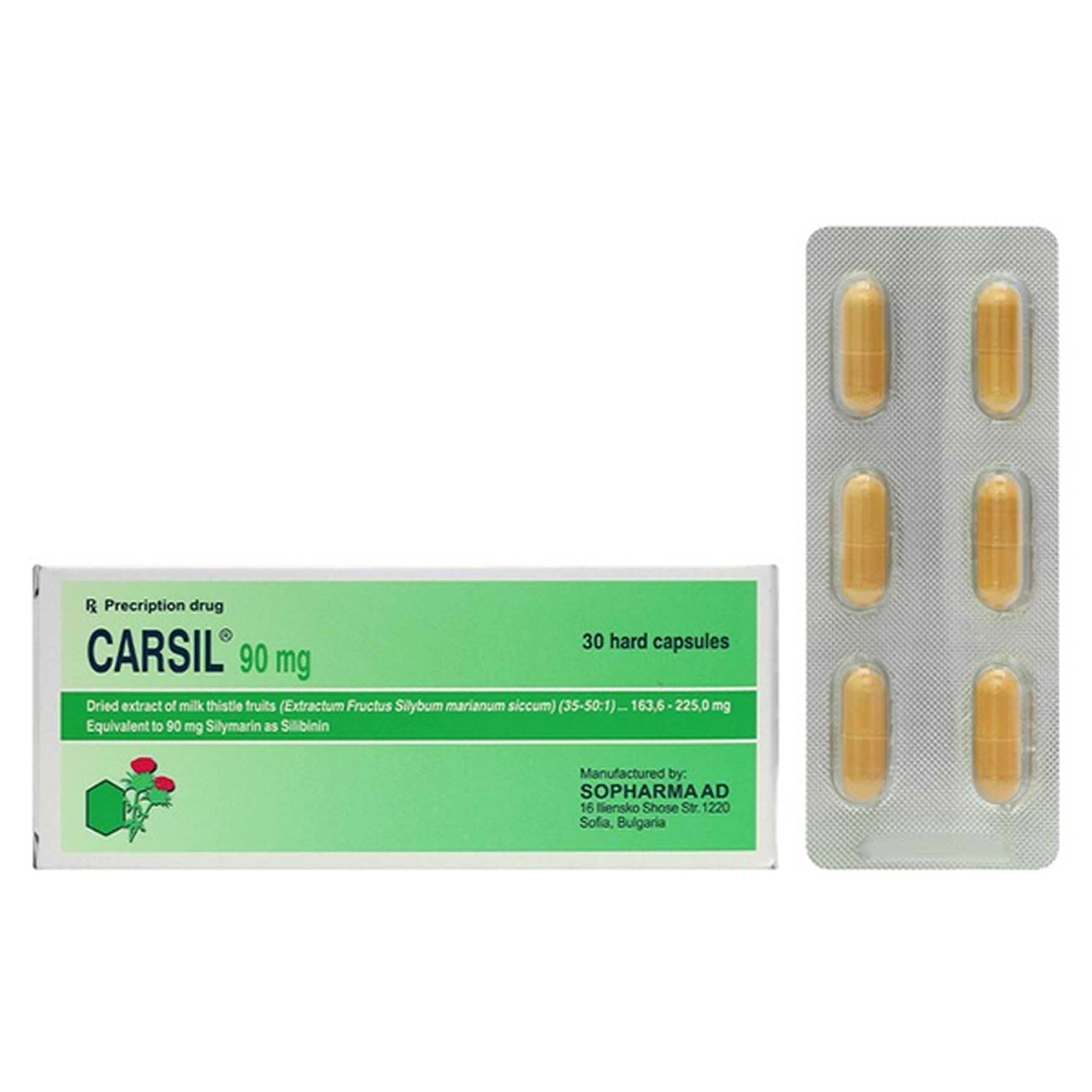 Thuốc Carsil 90mg Sopharma điều trị viêm gan, xơ gan, gan nhiễm mỡ (5 vỉ x 6 viên)