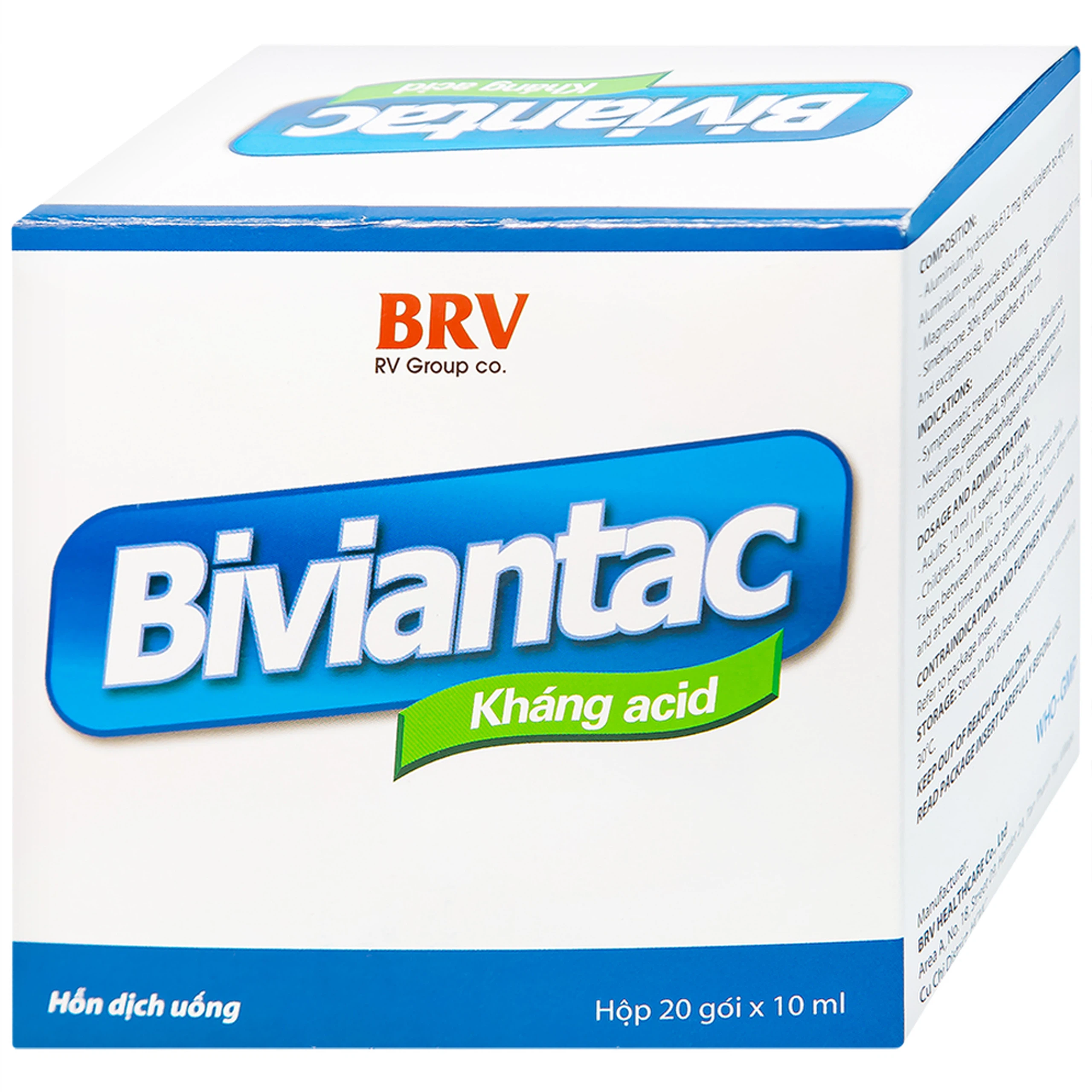 Hỗn dịch uống Biviantac BRV điều trị triệu chứng ăn không tiêu, đầy hơi (20 gói x 10 ml)