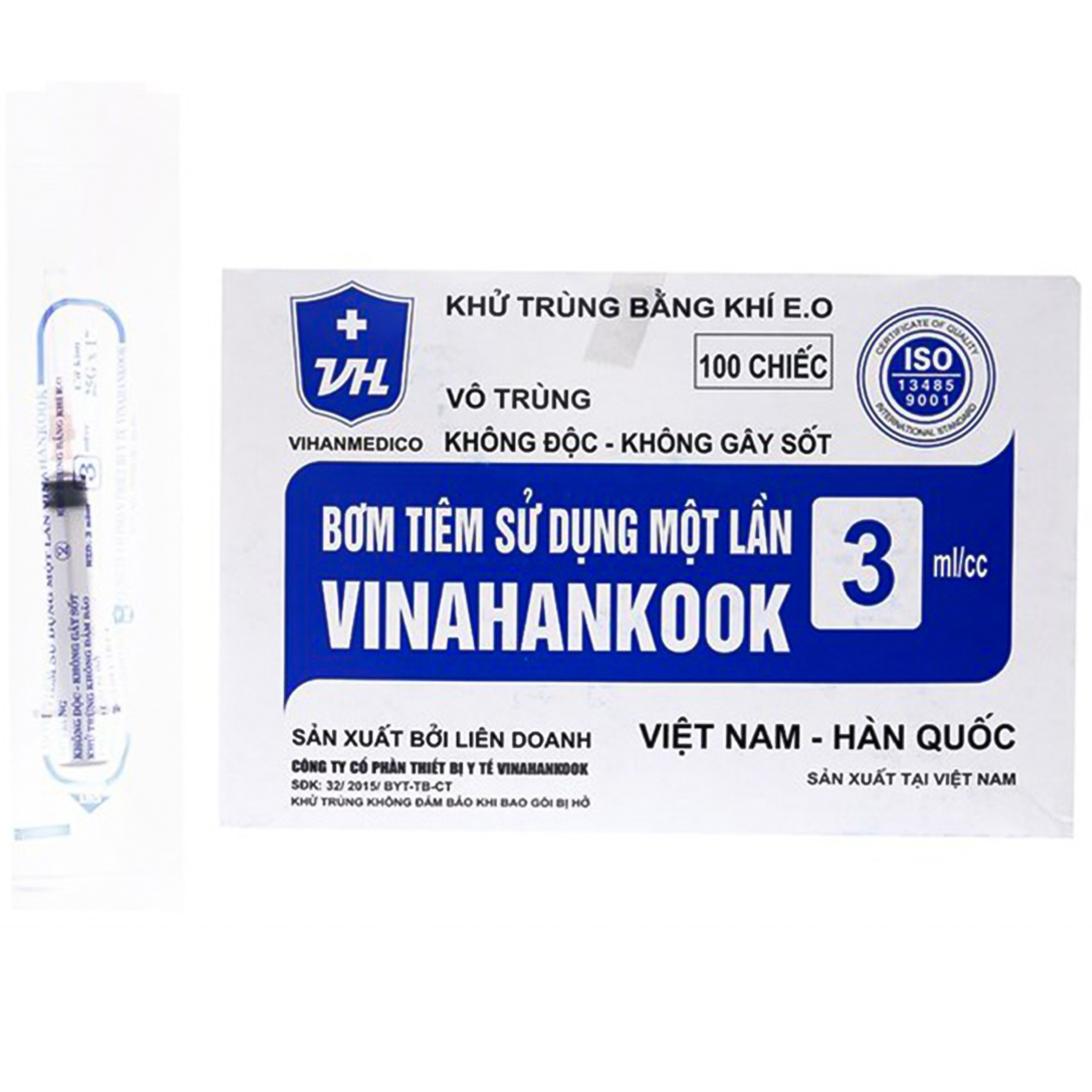 Bơm tiêm sử dụng một lần Vinahankook 3ml/cc được khử trùng bằng khí E.O (23g - 100 cái)