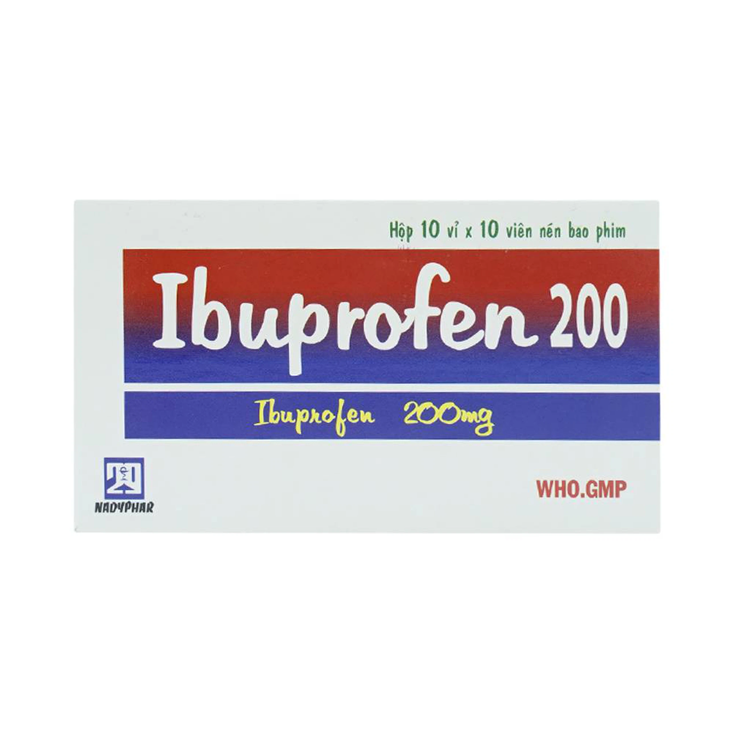 Thuốc Ibuprofen 200 Nadyphar giảm đau, kháng viêm thống kinh, nhức đầu, đau răng, viêm khớp (10 vỉ x 10 viên)
