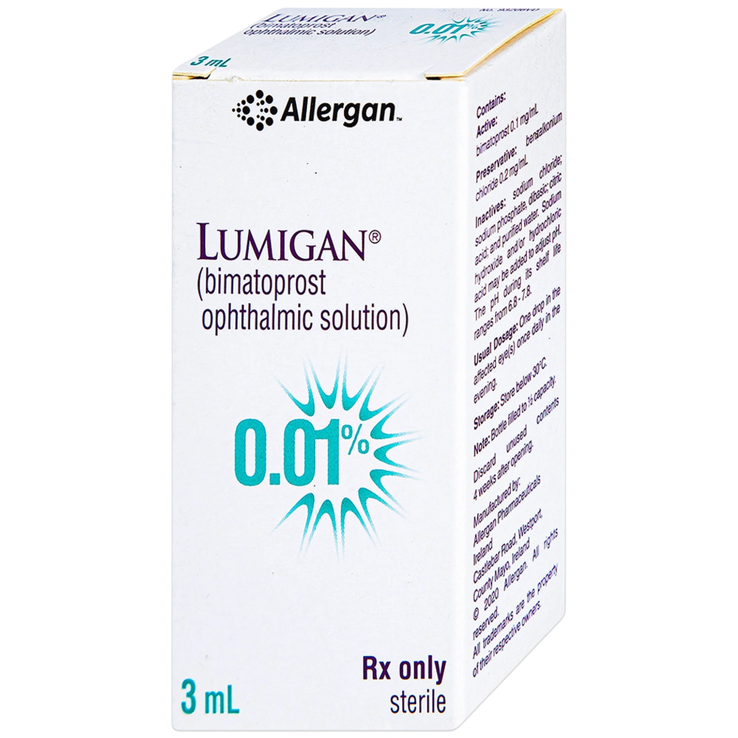 Thuốc nhỏ mắt Lumigan 0.01% Allergan giảm tăng áp suất nội nhãn (3ml)