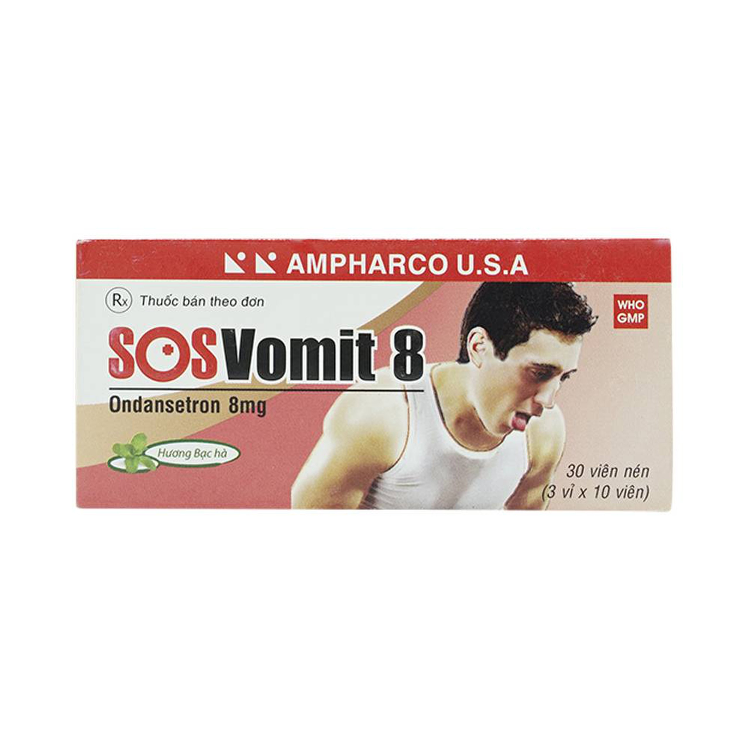 Thuốc SOS Vomit 8mg Ampharco phòng buồn nôn và nôn (3 vỉ x 10 viên)
