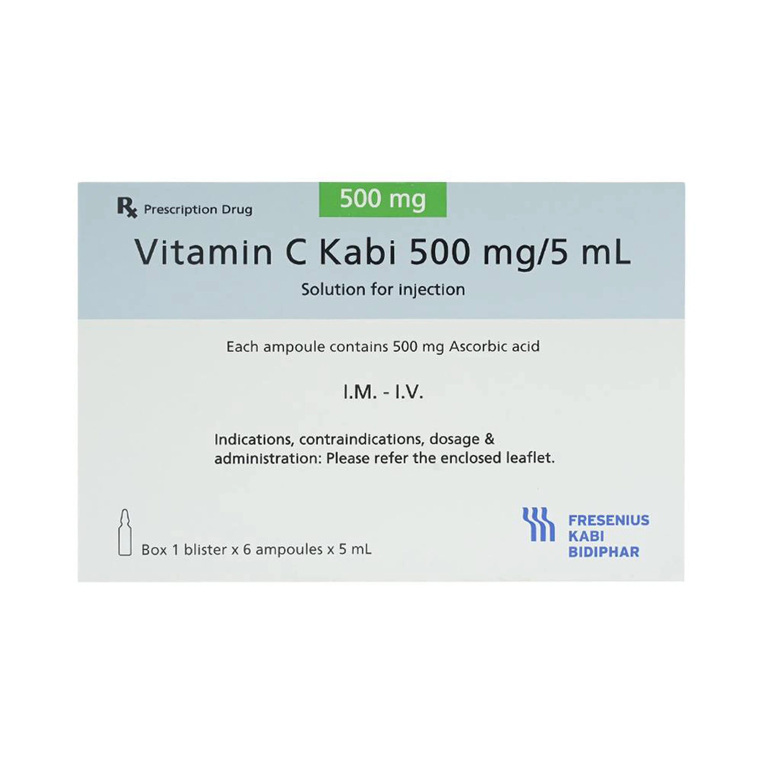 Thuốc tiêm Vitamin C Kabi 500mg/5ml phòng và điều trị bệnh Scorbut (1 vỉ x 6 ống )