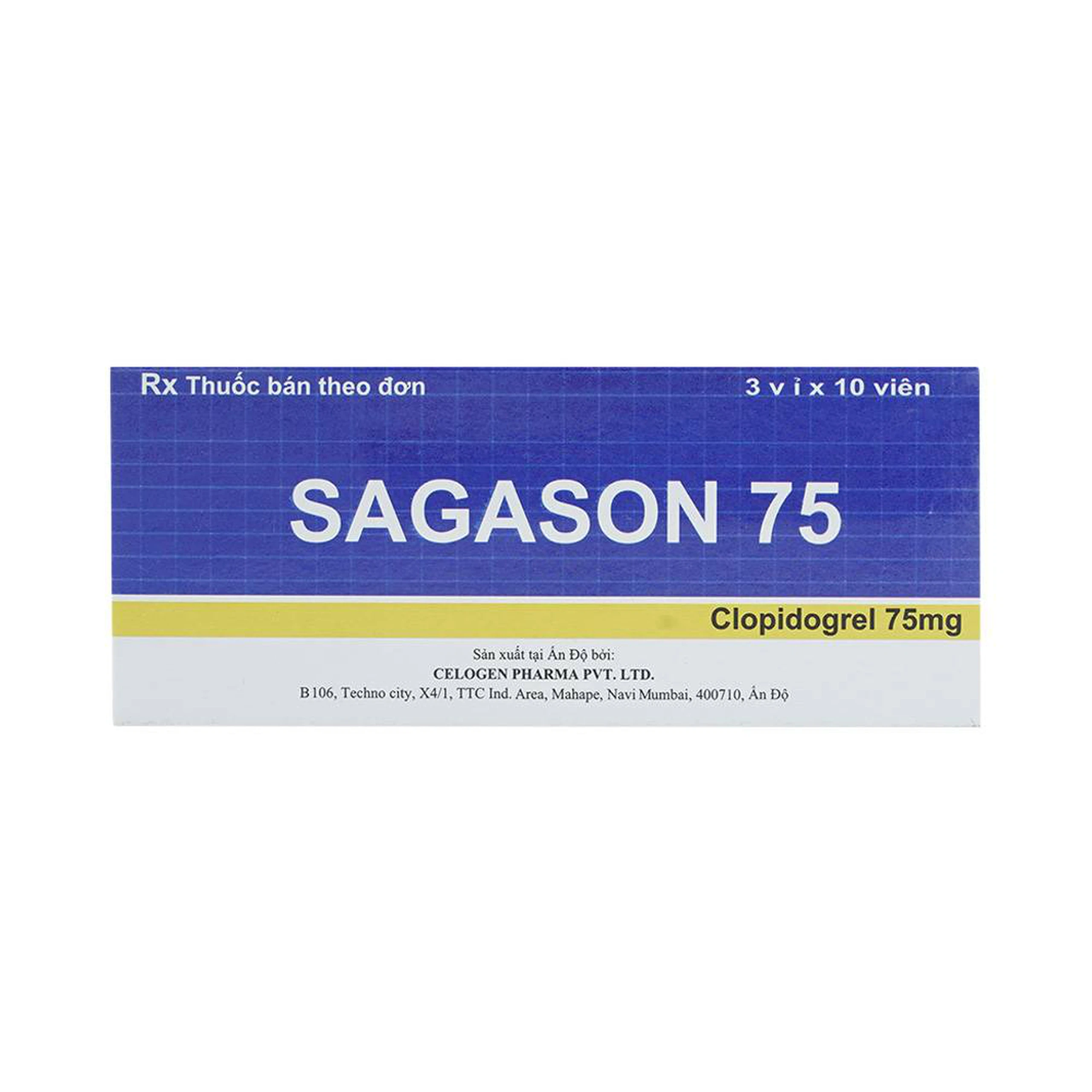Thuốc Sagason 75 Celogen Pharma điều trị nhồi máu cơ tim, đột quỵ (3 vỉ x 10 viên)