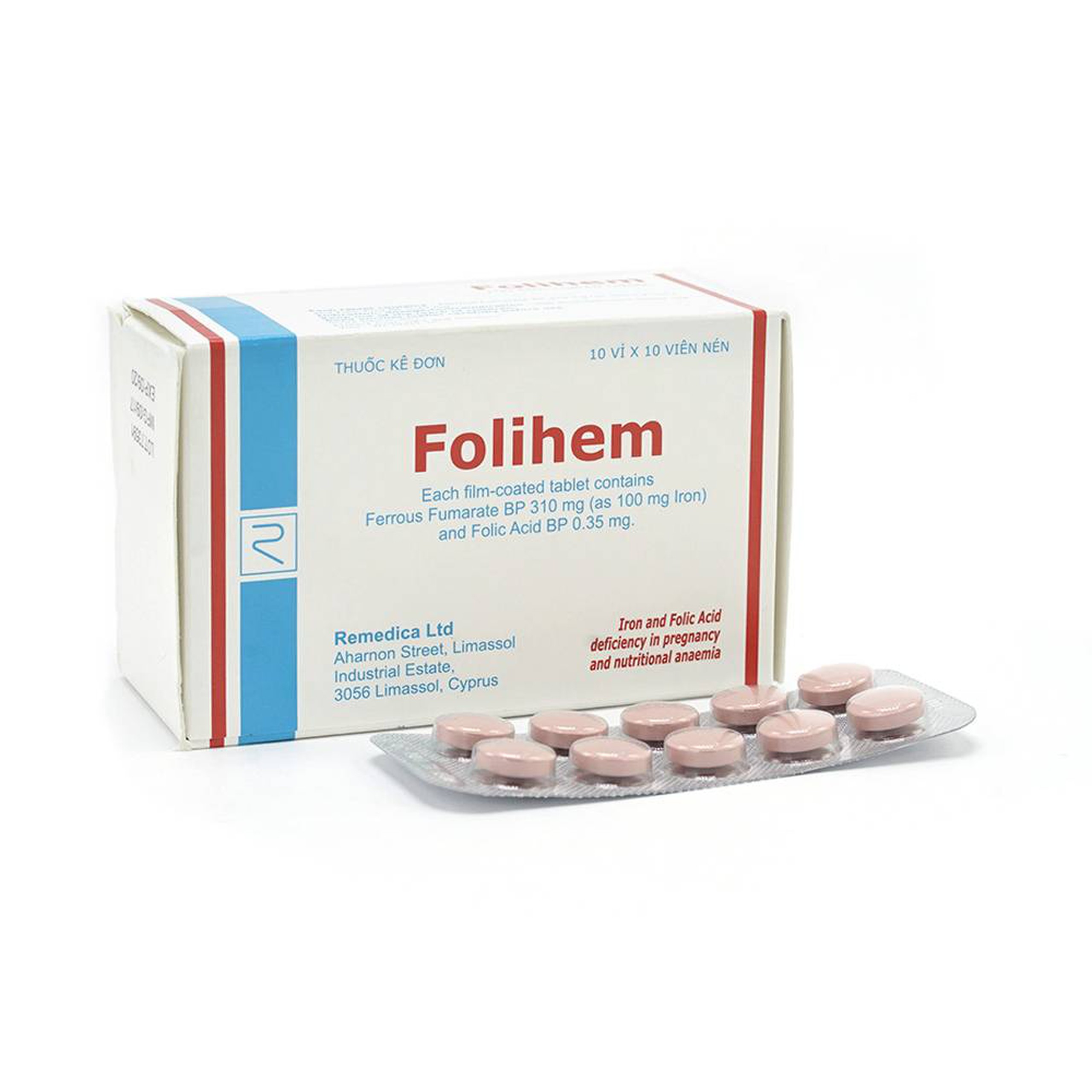 Thuốc Folihem Remedica phòng ngừa thiếu máu do thiếu sắt và acid folic trong thai kỳ (10 vỉ x 10 viên)