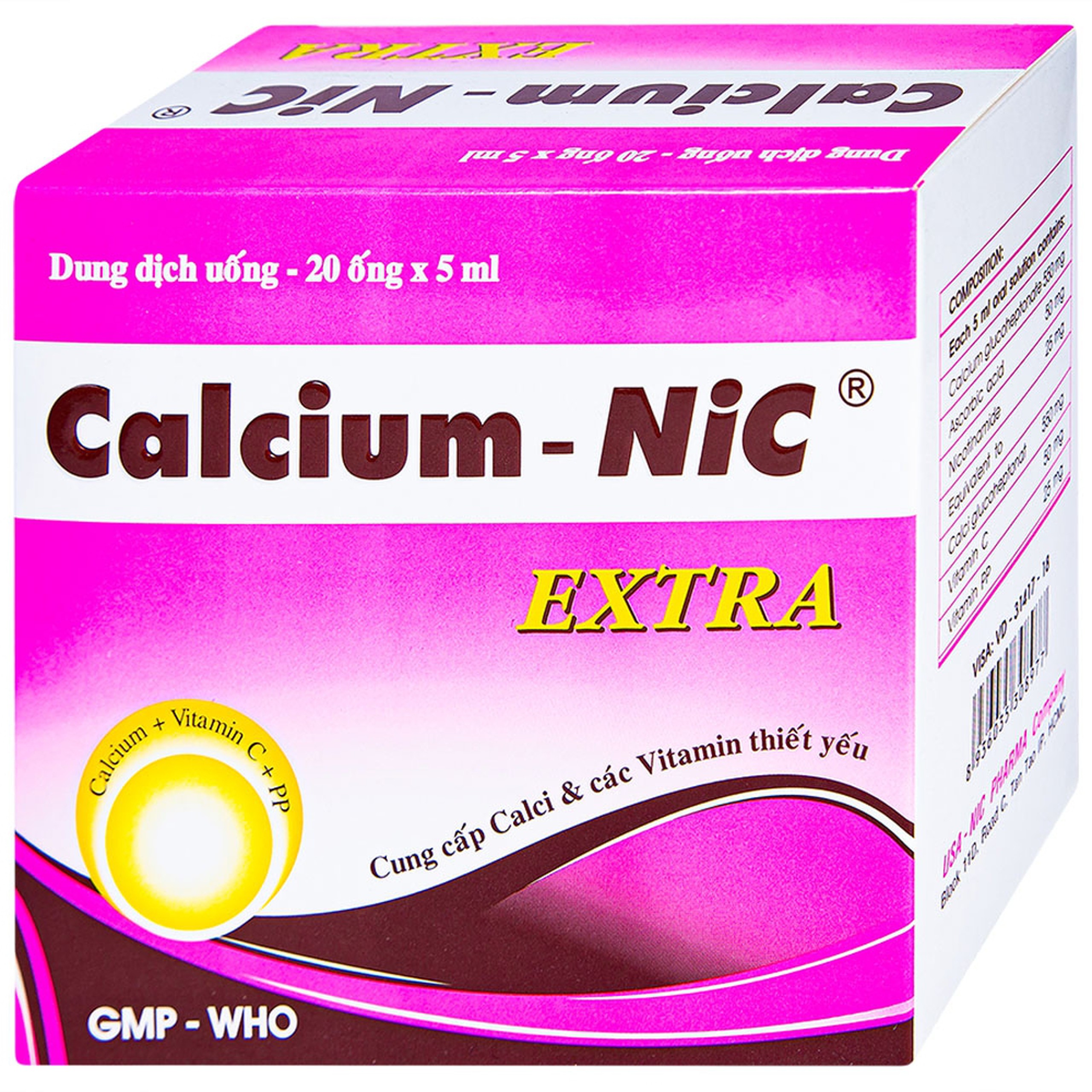 Dung dịch uống Calcium-NIC Extra bổ sung canxi và vitamin (20 ống x 5ml)