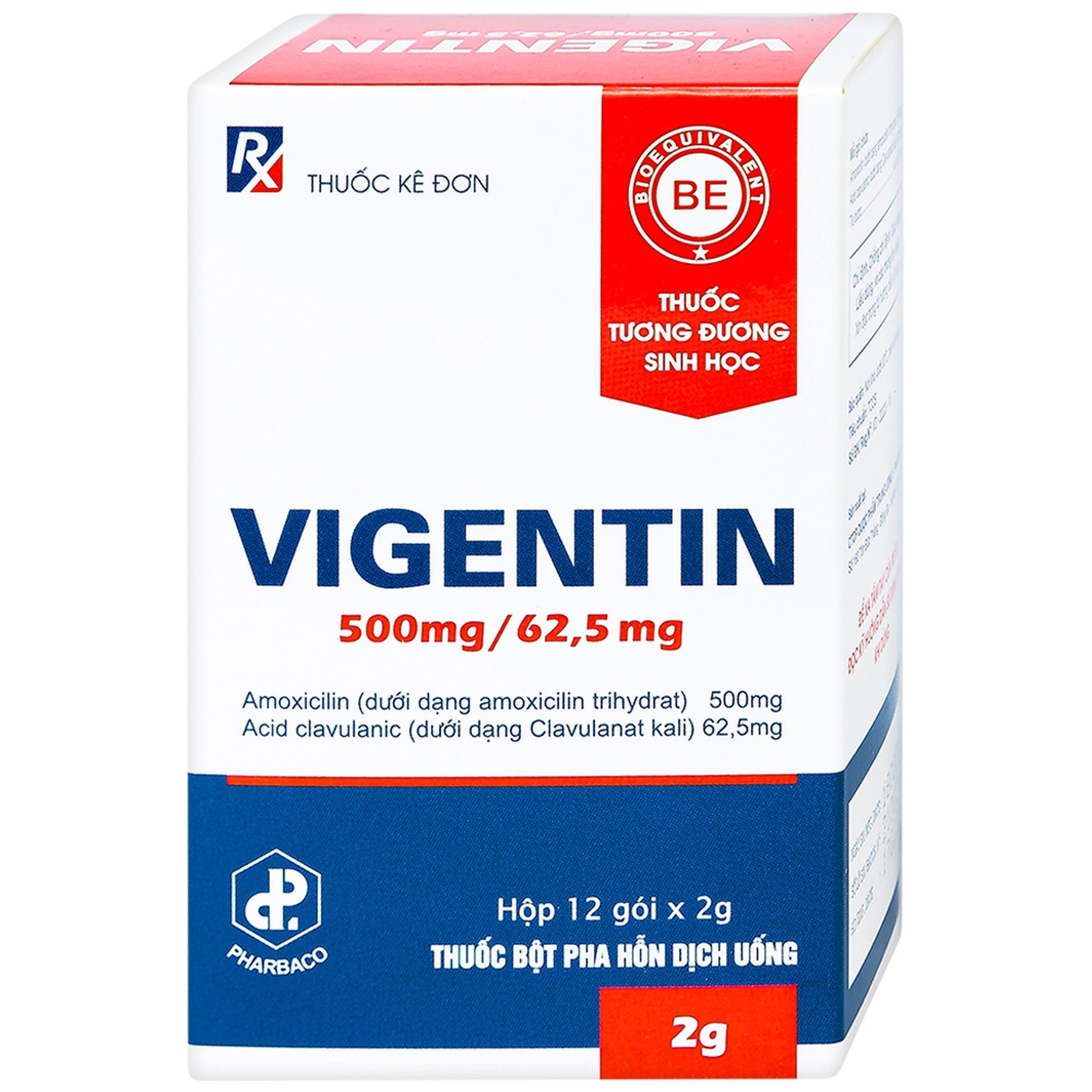 Thuốc bột pha hỗn dịch uống Vigentin 500mg/62,5mg Pharbaco điều trị các chứng nhiễm khuẩn (12 gói x 2g)