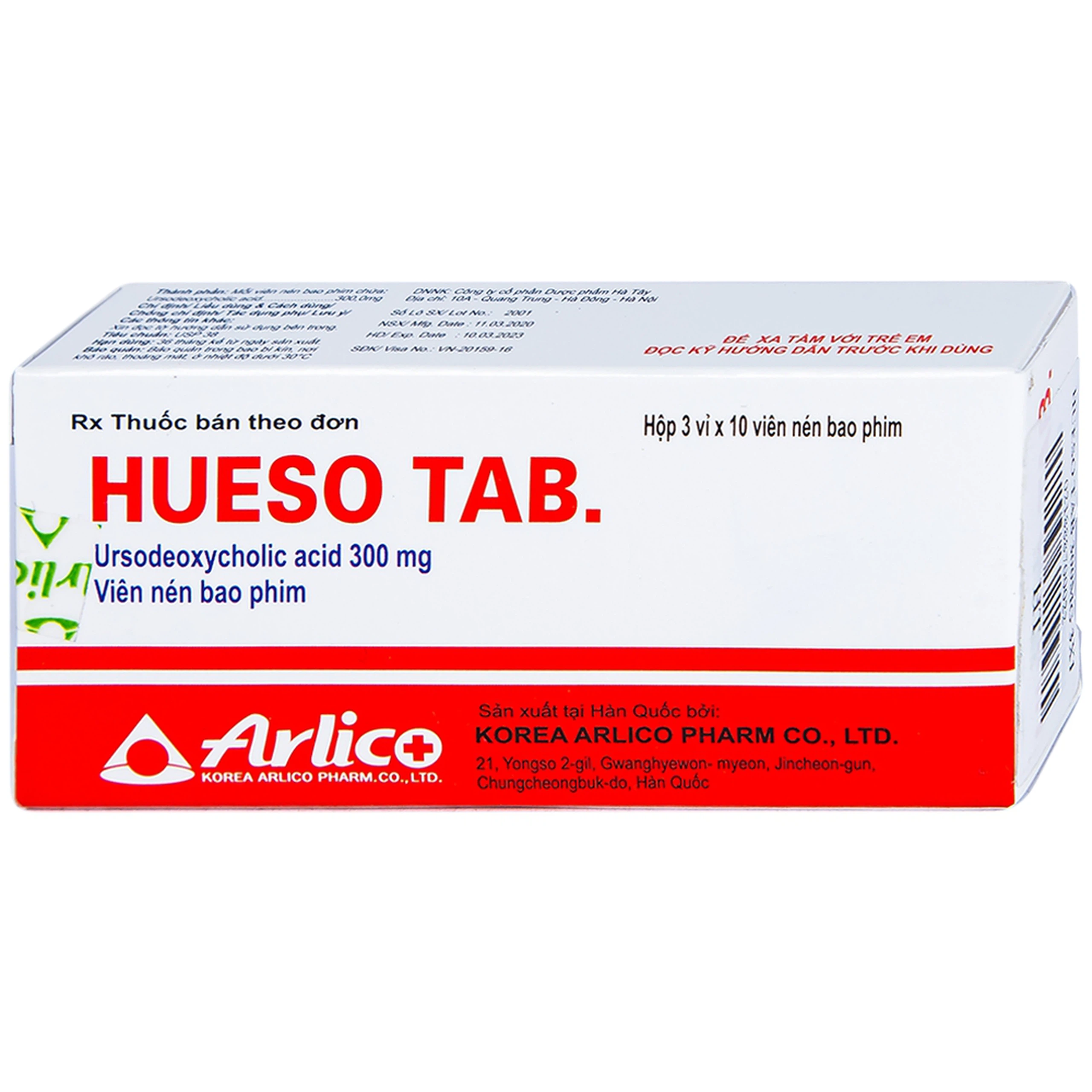 Thuốc Hueso Tab 300mg Arlico điều trị sỏi túi mật cholesterol, bệnh gan mật mãn tính (3 vỉ x 10 viên)