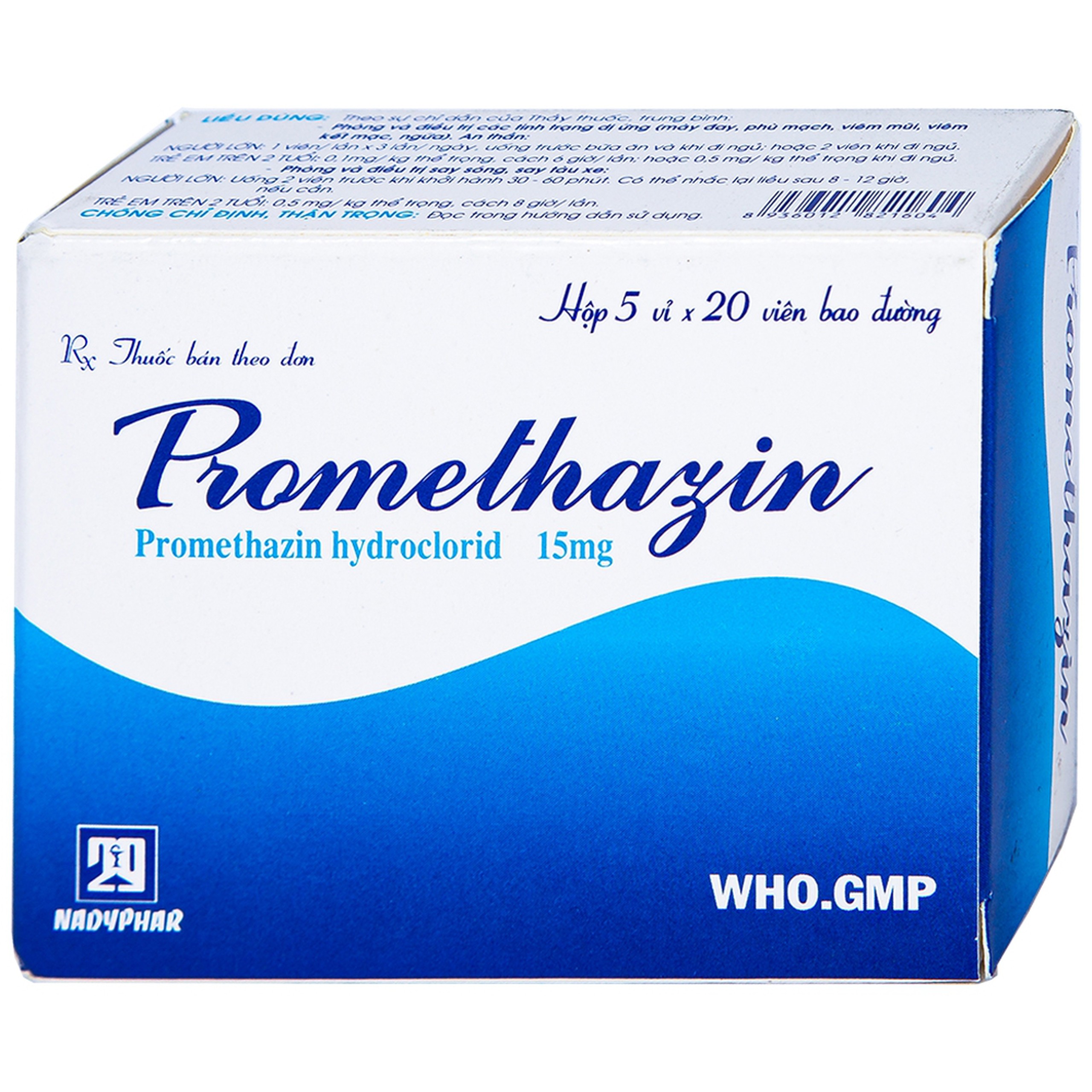 Thuốc Promethazin 15mg Nadyphar phòng và điều trị các tình trạng dị ứng, chống nôn (5 vỉ x 20 viên)  