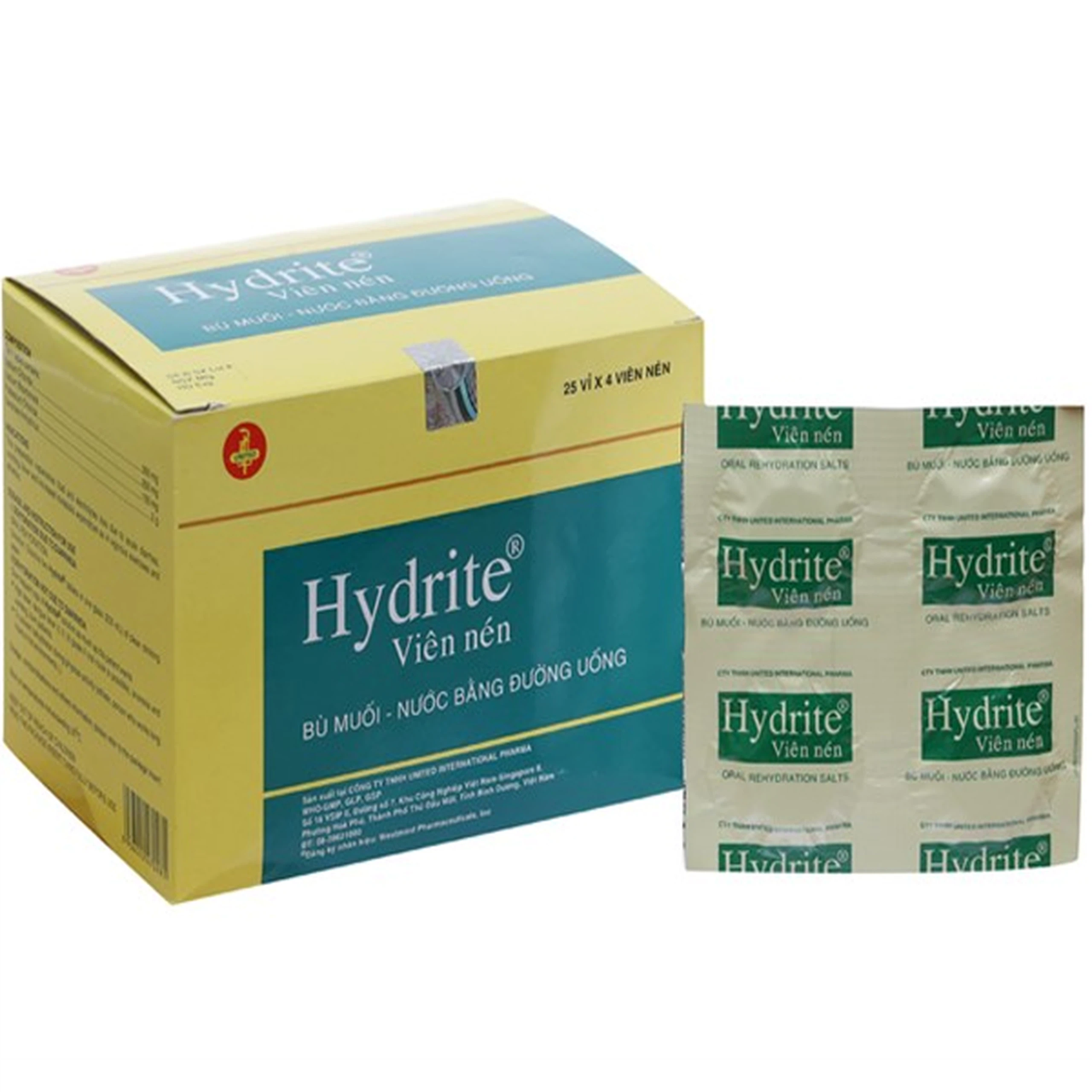 Thuốc Hydrite United điều trị mất nước và chất điện giải trong bệnh tiêu chảy (25 vỉ x 4 viên)