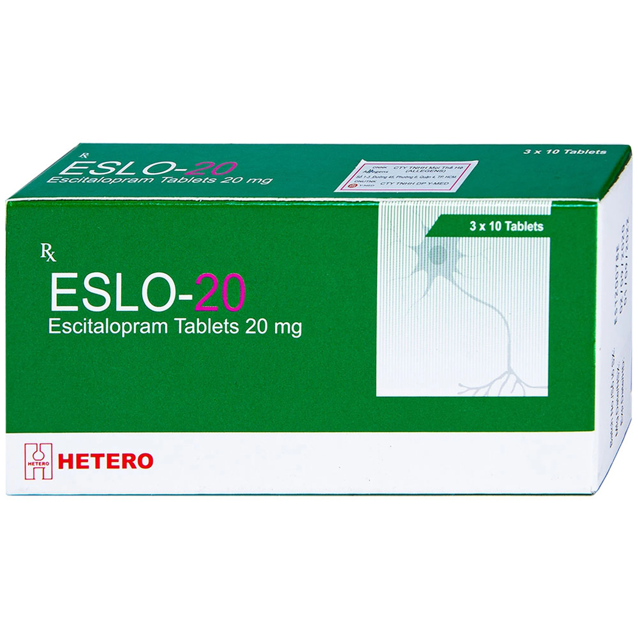 Thuốc Eslo-20 Hetero điều trị trầm cảm, rối loạn lo âu (3 vỉ x 10 viên)
