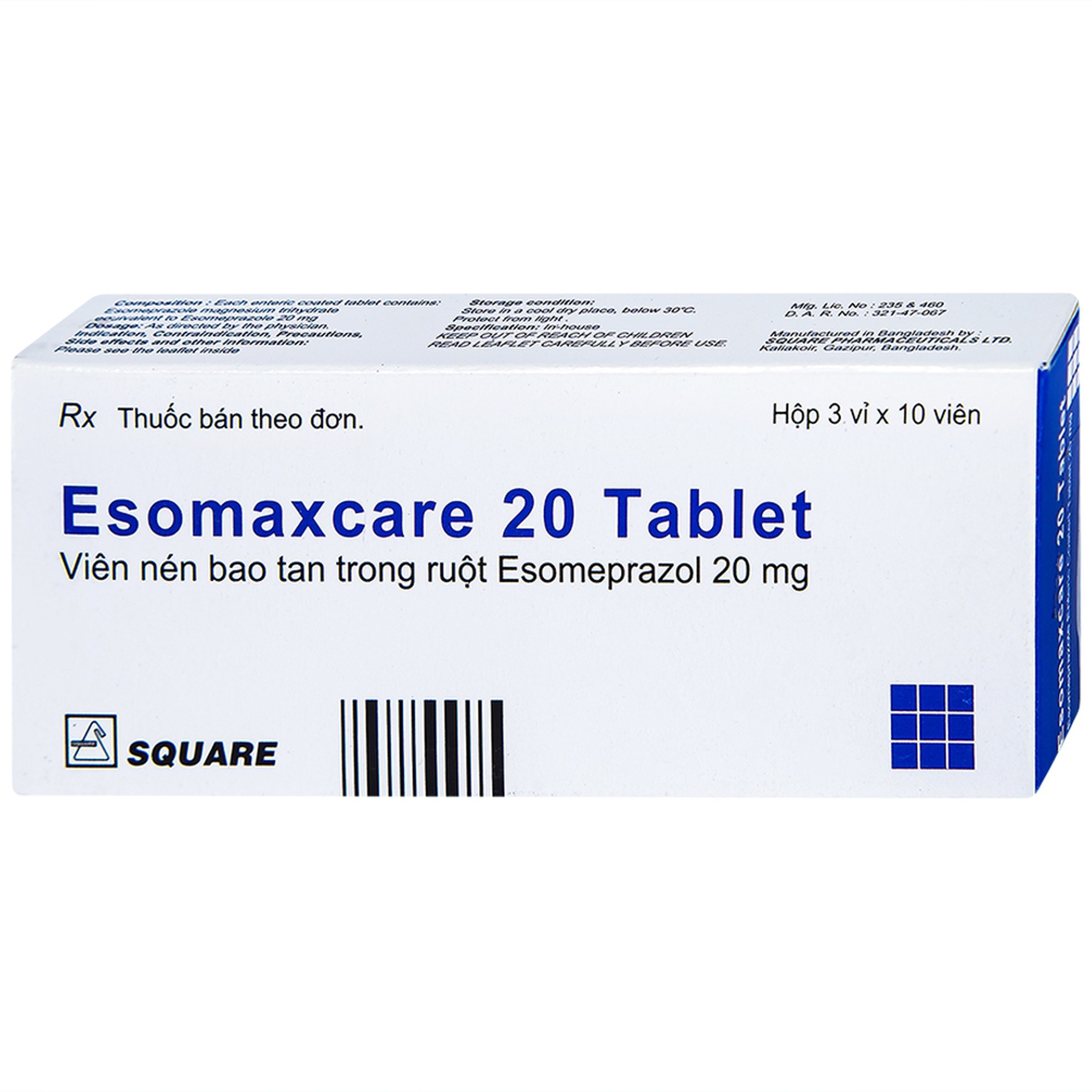Thuốc Esomaxcare 20 Square điều trị loét dạ dày tá tràng lành tính (3 vỉ x 10 viên)