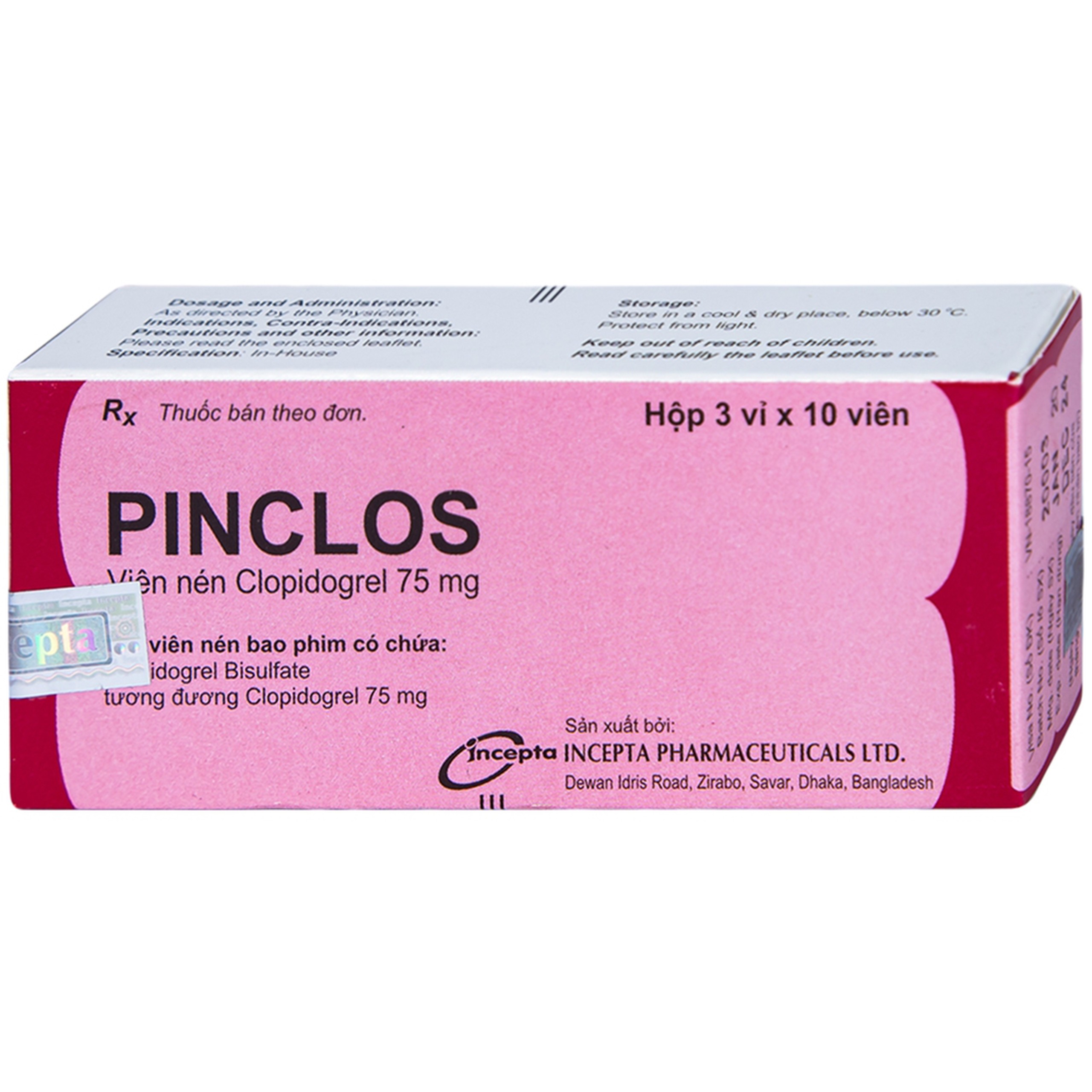 Viên nén Pinclos 75mg Incepta giảm các biến cố do xơ vữa động mạch, nhồi máu cơ tim (3 vỉ x 10 viên)