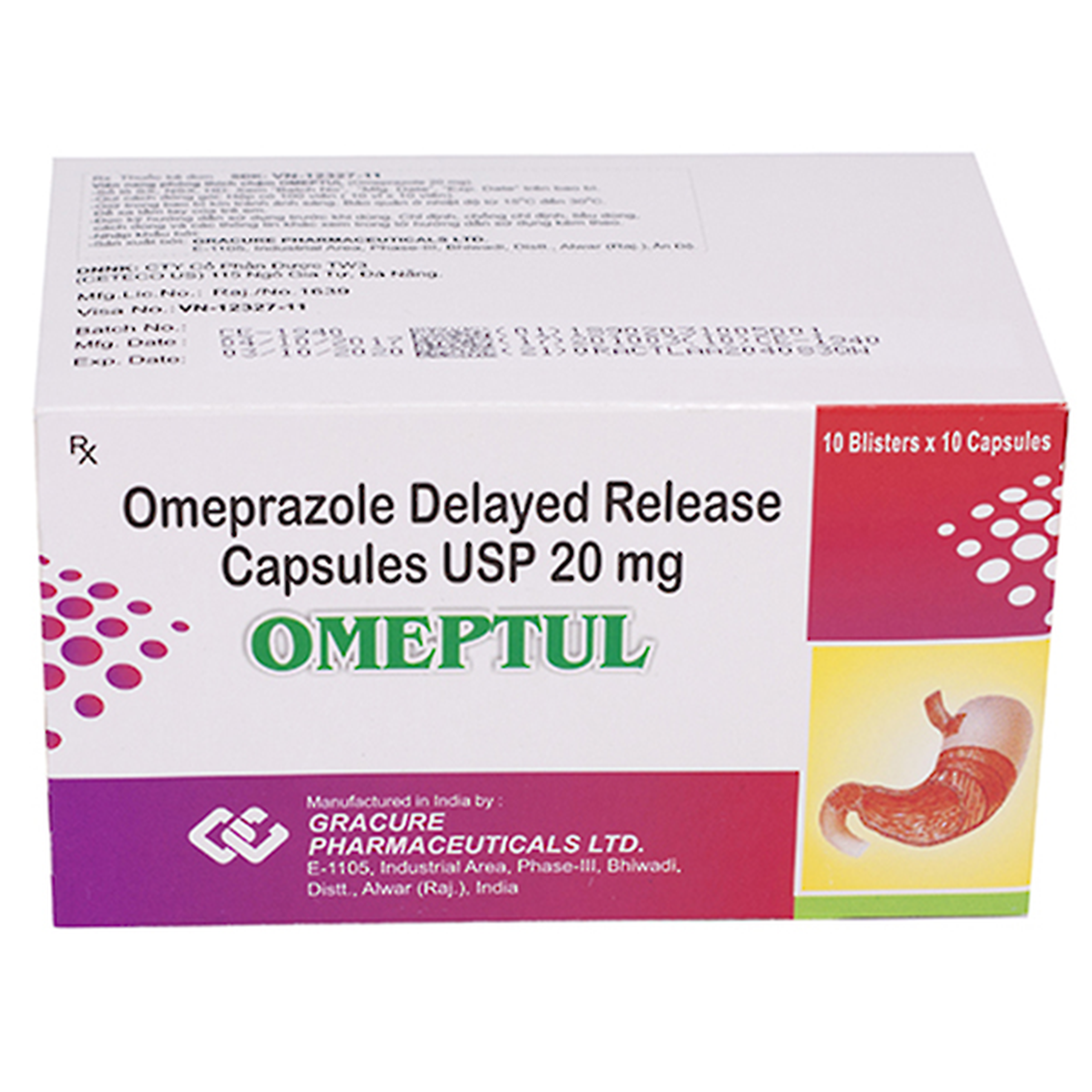 Thuốc Omeptul 20mg Gracure điều trị trào ngược dịch dạ dày - thực quản, loét dạ dày tá tràng (10 vỉ x 10 viên)