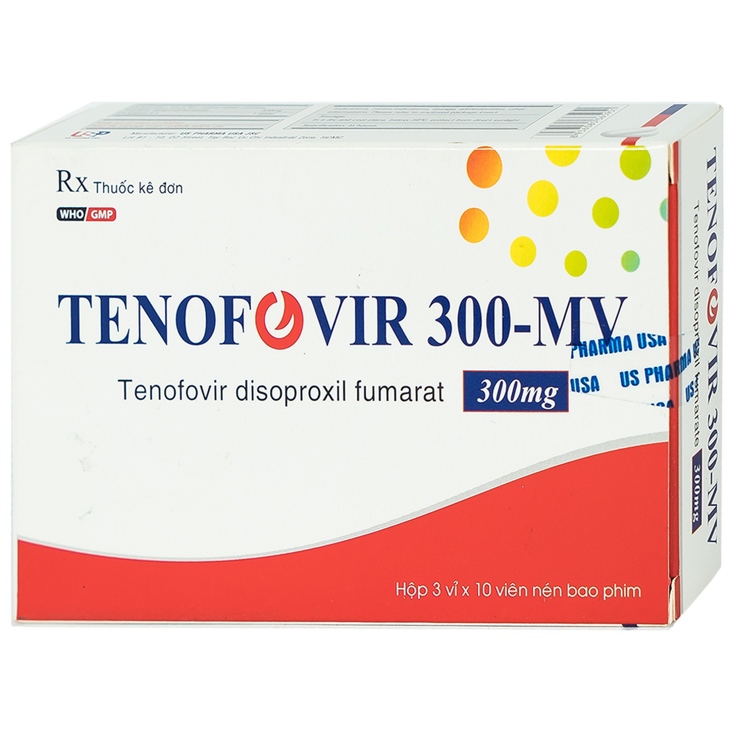 Thuốc Tenofovir 300-MV US Pharma điều trị nhiễm HIV-1, dự phòng sau phơi nhiễm HIV (3 vỉ x 10 viên)
