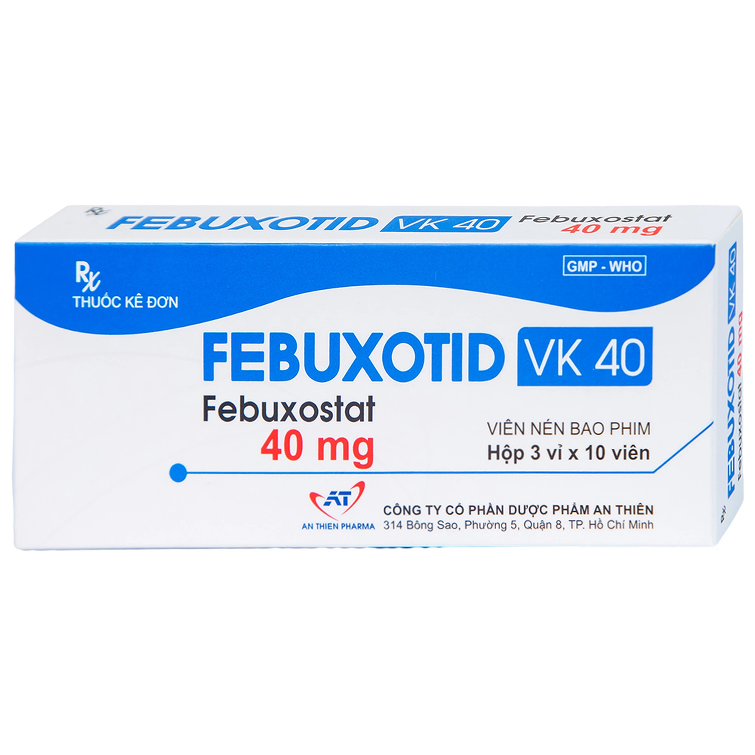 Thuốc Febuxotid VK 40 An Thiên điều trị tăng acid uric máu mãn tính (3 vỉ x 10 viên)
