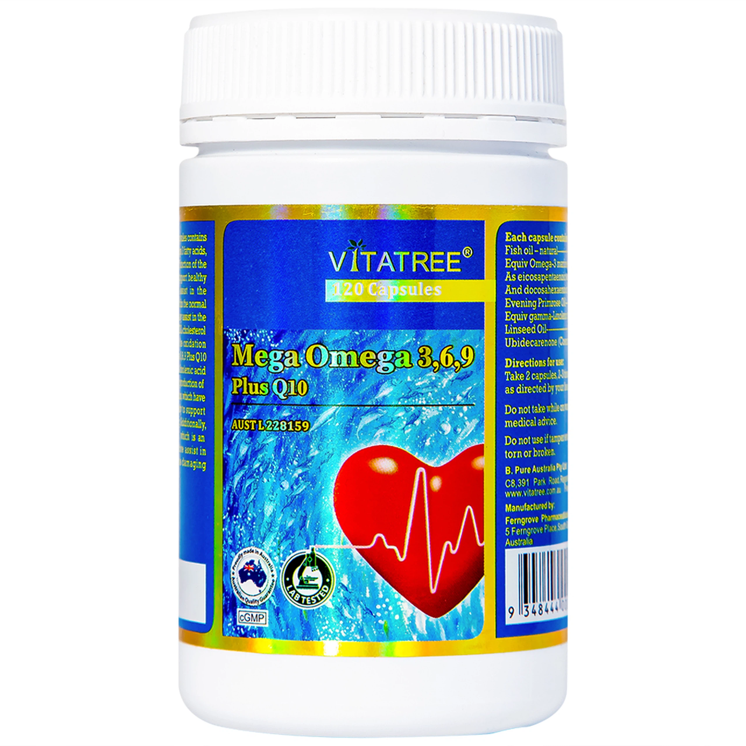 Viên uống Vitatree Mega Omega 3,6,9 Plus Q10 hỗ trợ duy trì sức khỏe của hệ tim mạch (120 viên)