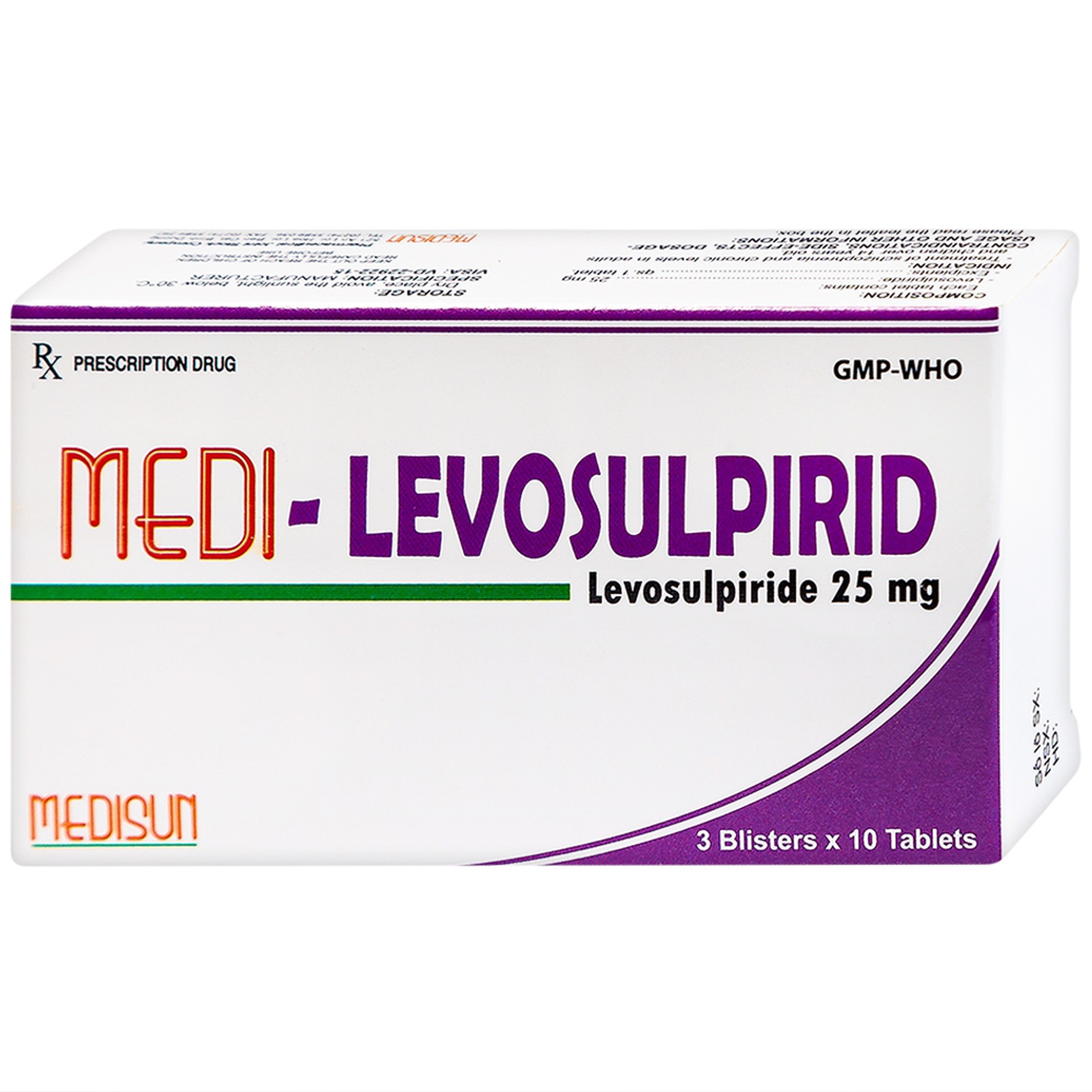 Viên nén Medi-Levosulpirid 25mg Medisun điều trị tâm thần phân liệt cấp và mạn tính (3 vỉ x 10 viên)