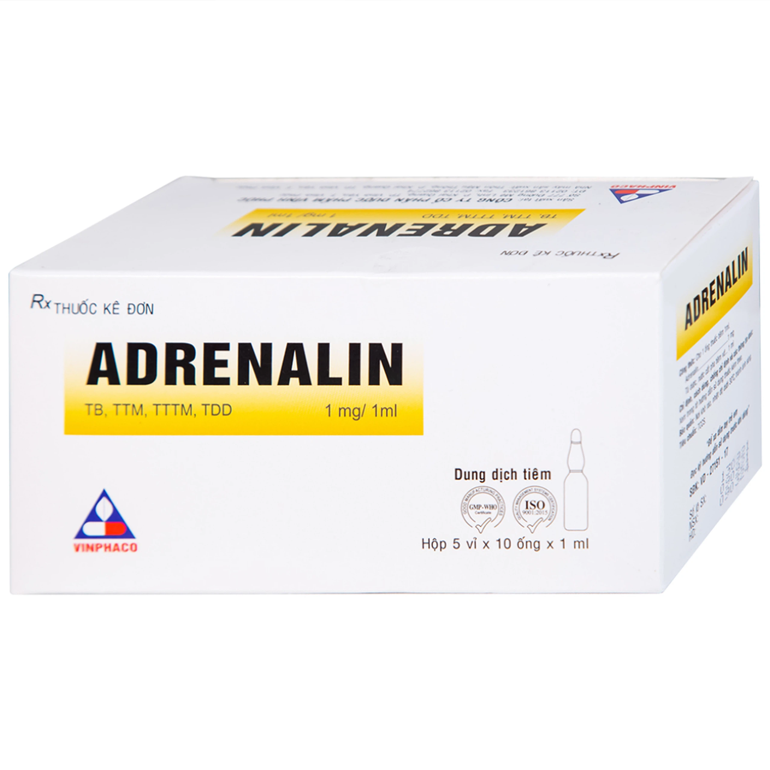 Dung dịch tiêm Adrenalin 1mg/1ml hồi sức tim phổi, cấp cứu choáng phản vệ (5 vỉ x 10 ống)