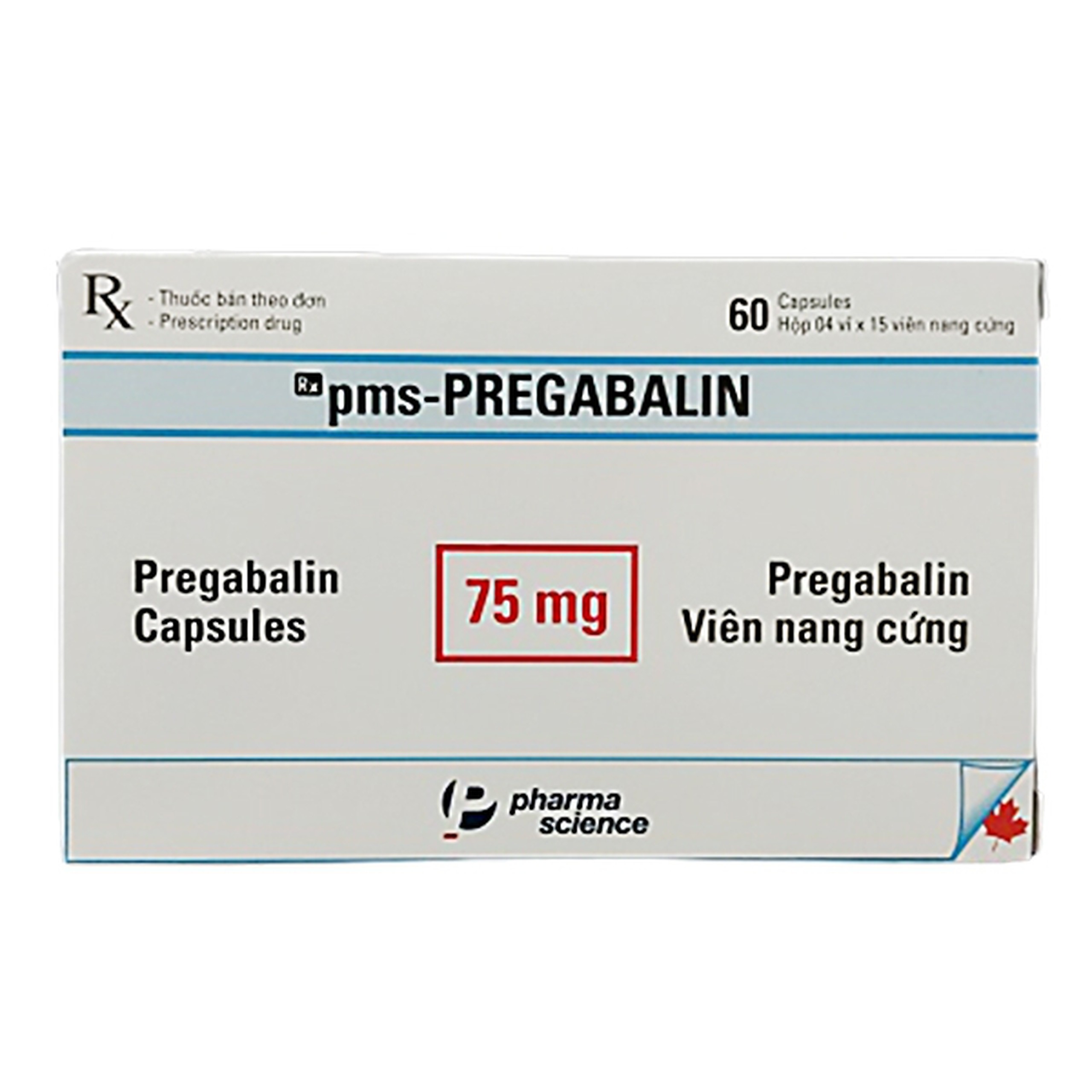 Viên nang cứng pms-Pregabalin 75mg Pharmascience điều trị đau thần kinh, động kinh (4 vỉ x 15 viên)