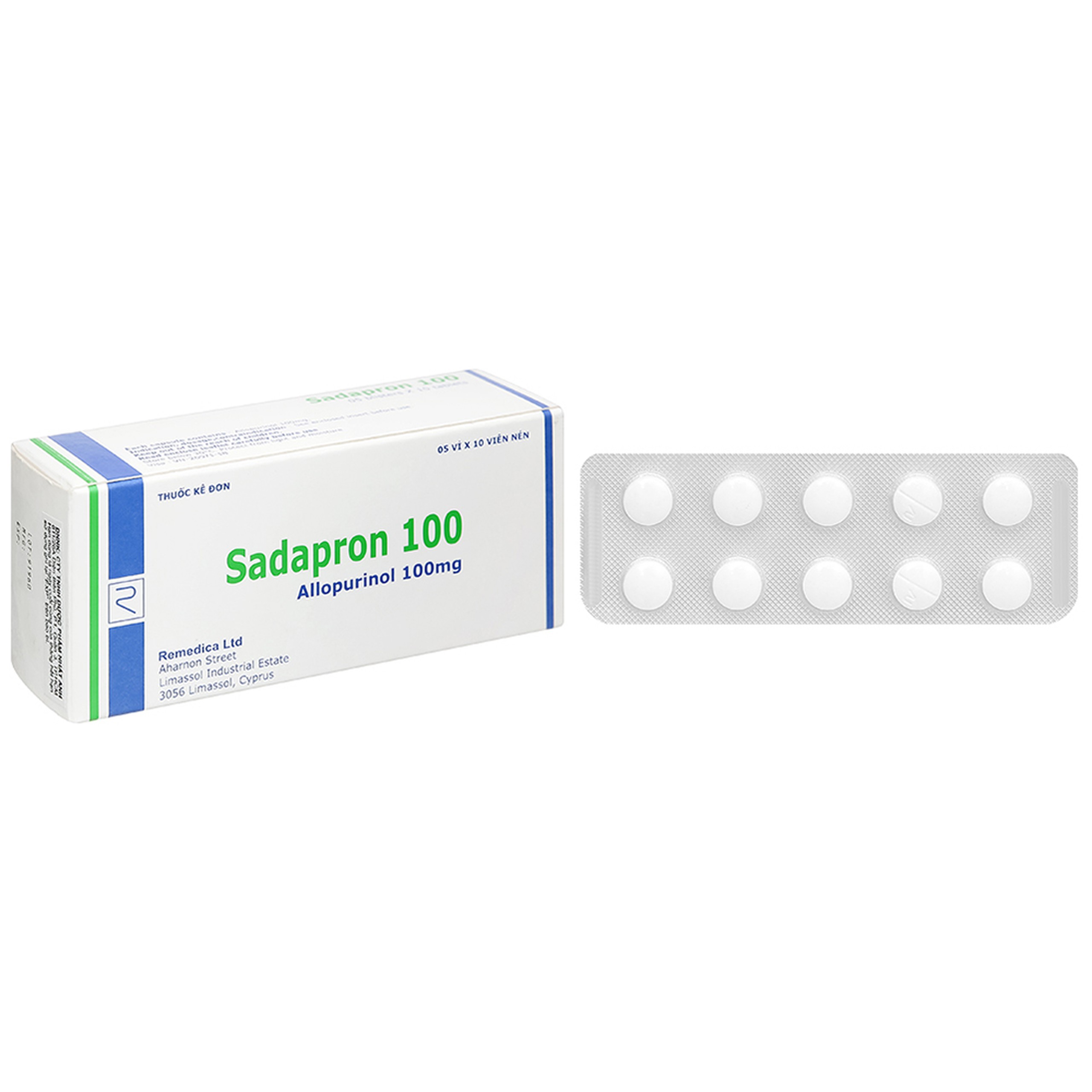 Thuốc Sadapron 100 Remedica điều trị chứng tăng acid uric máu tiên phát, bệnh gout (5 vỉ x 10 viên)