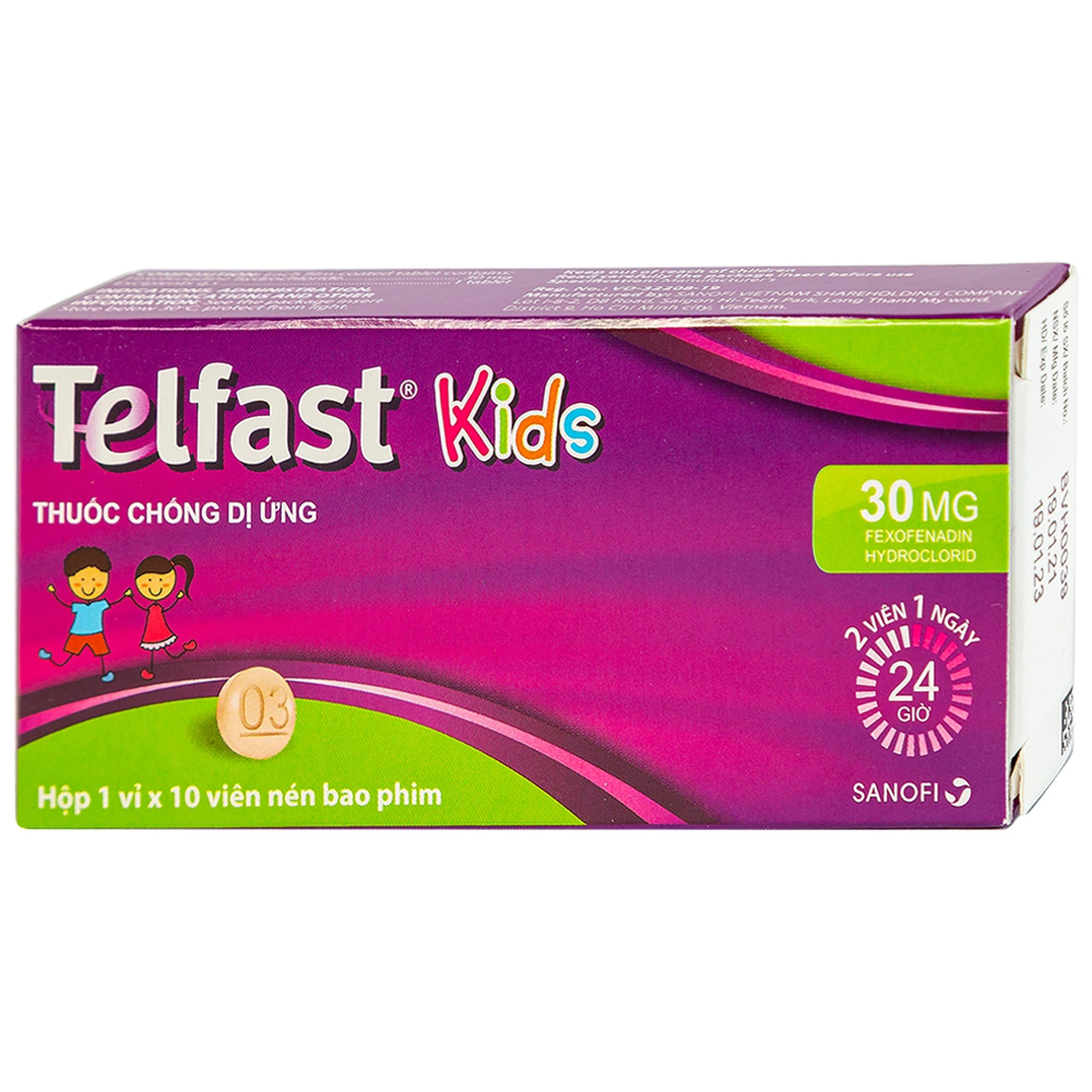 Thuốc Telfast Kids 30mg Sanofi điều trị viêm mũi dị ứng, mày đay cho trẻ em (1 vỉ x 10 viên)