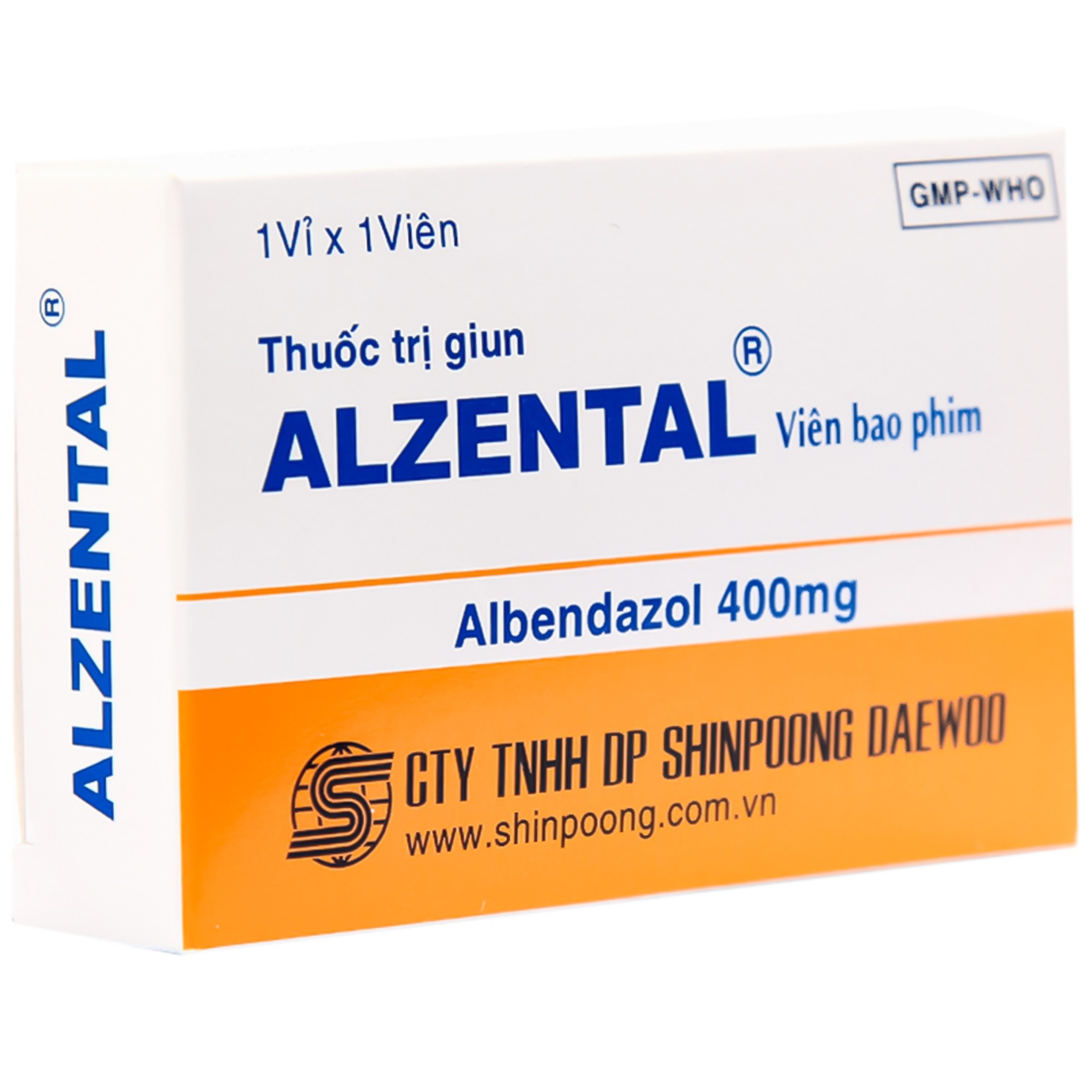 Thuốc Alzental 400mg Shinpoong Daewoo điều trị nhiễm một hoặc nhiều loại ký sinh trùng đường ruột (1 vỉ x 1 viên)