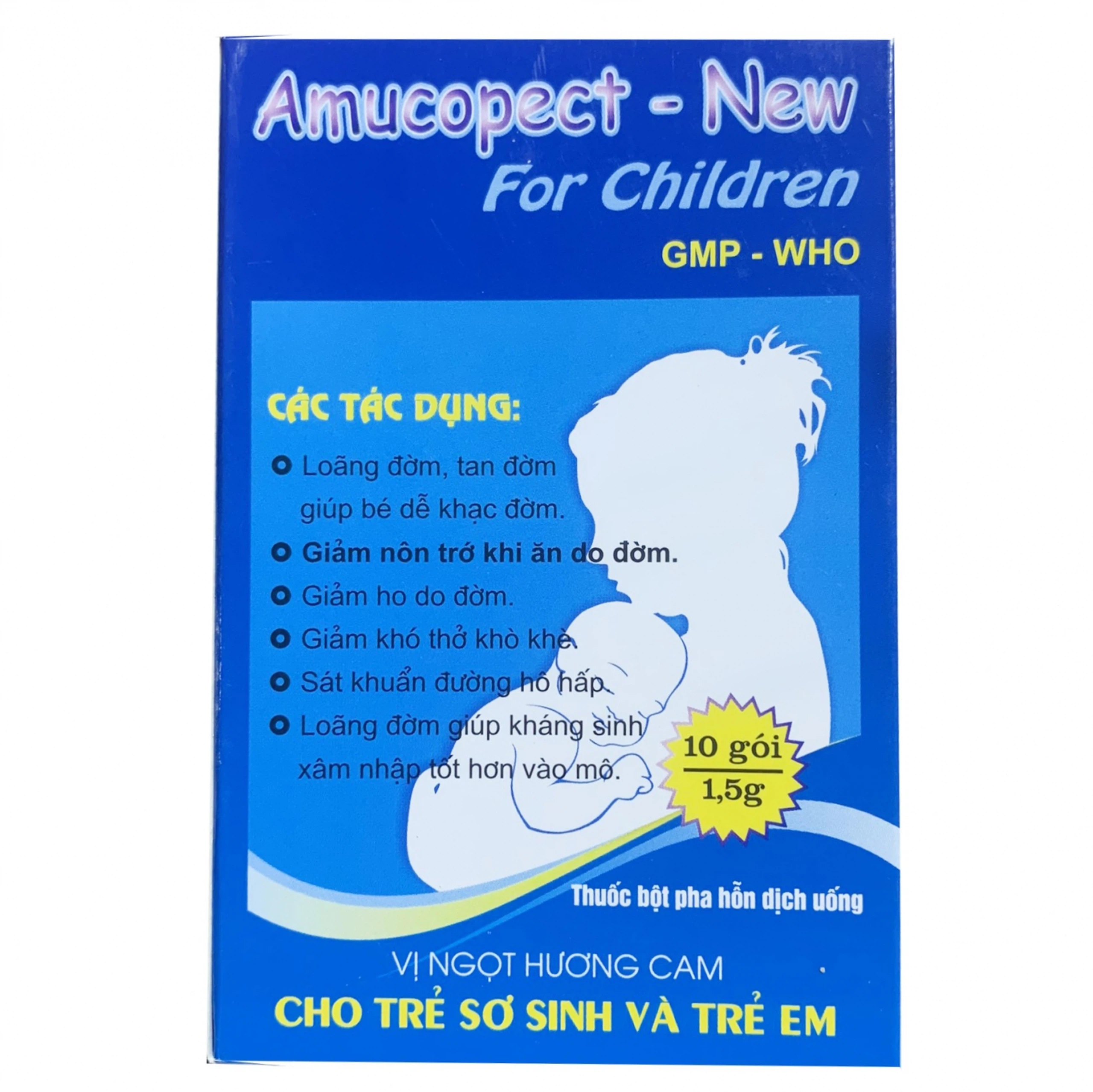 Thuốc bột Amucopect-New For Children Pharbaco hương cam giúp loãng đờm, tan đờm (10 gói x 1.5g)