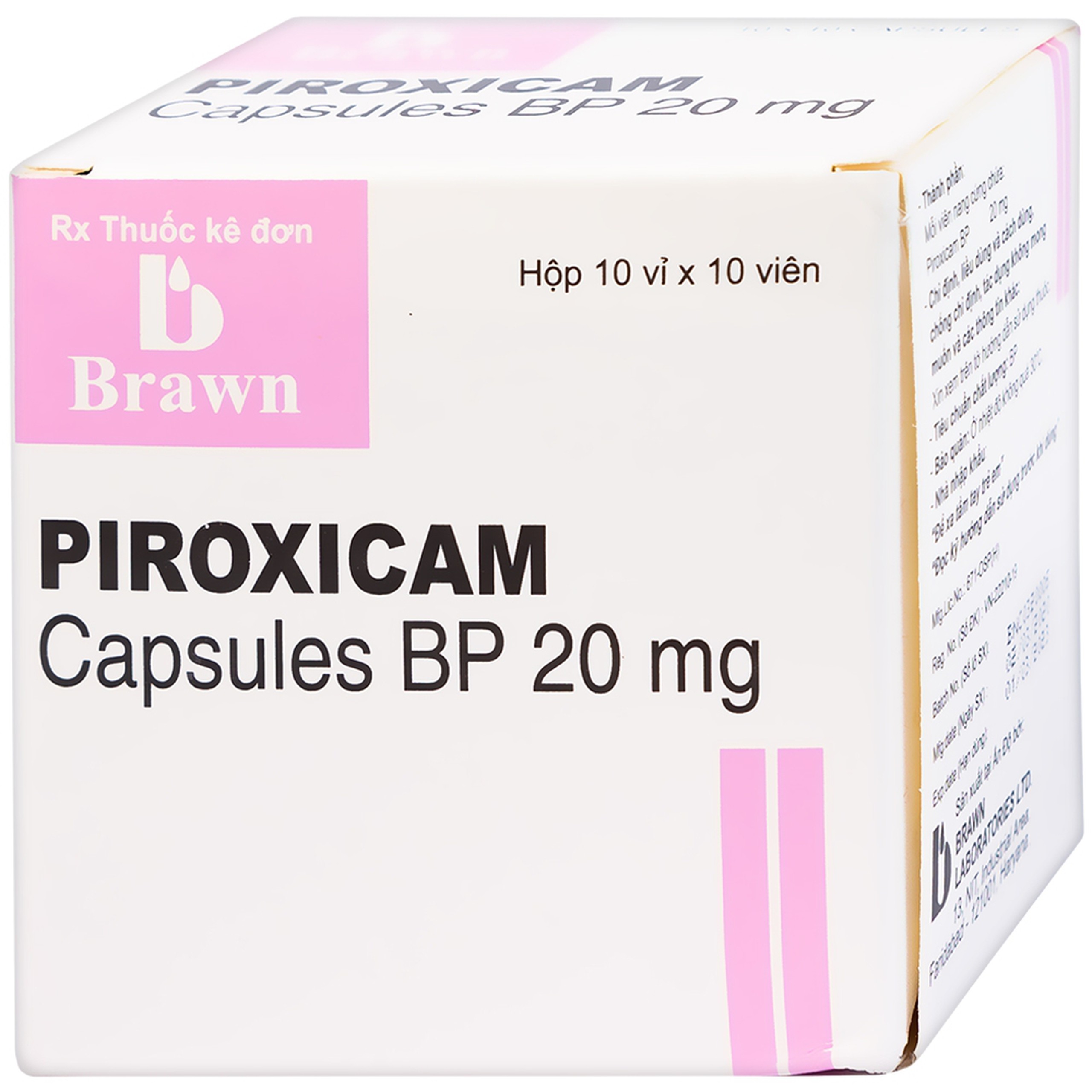 Thuốc Piroxicam capsules BP 20mg Brawn kháng viêm và giảm đau viêm khớp dạng thấp (10 vỉ x 10 viên)