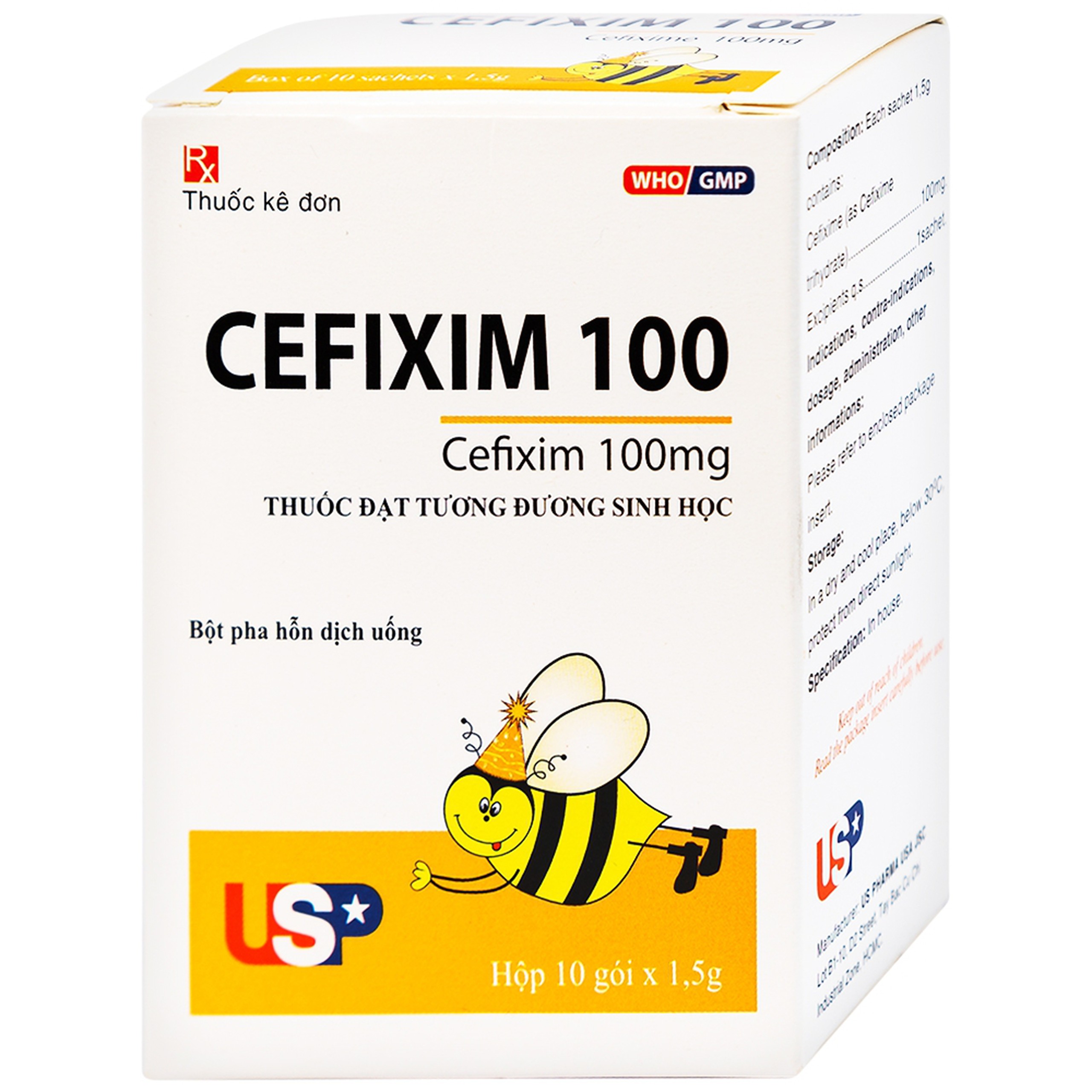 Bột pha hỗn dịch uống Cefixim 100 USP điều trị nhiễm khuẩn (10 gói x 1.5g)