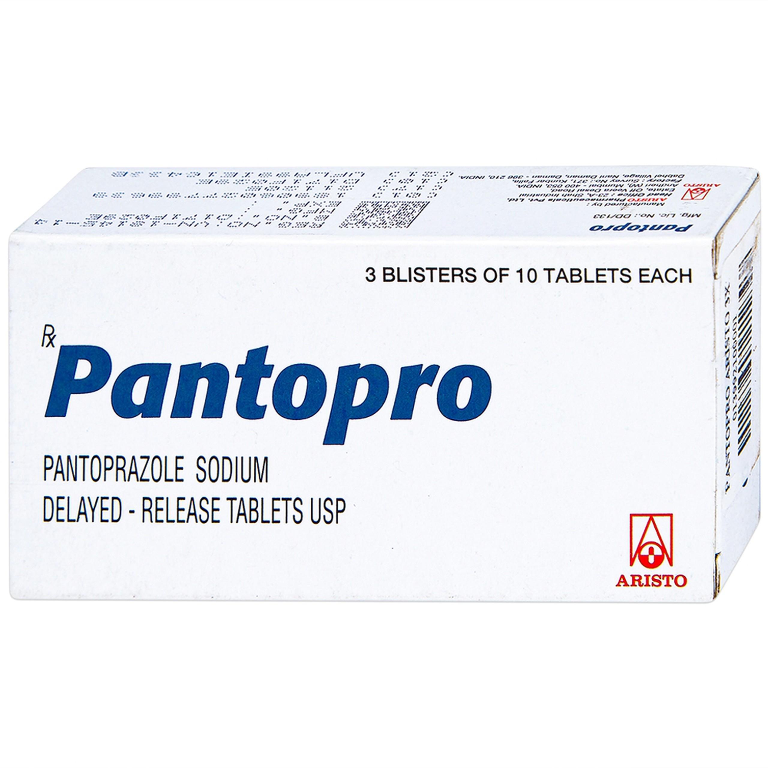 Thuốc Pantopro Aristo điều trị ngắn hạn loét tá tràng, loét dạ dày (3 vỉ x 10 viên) 