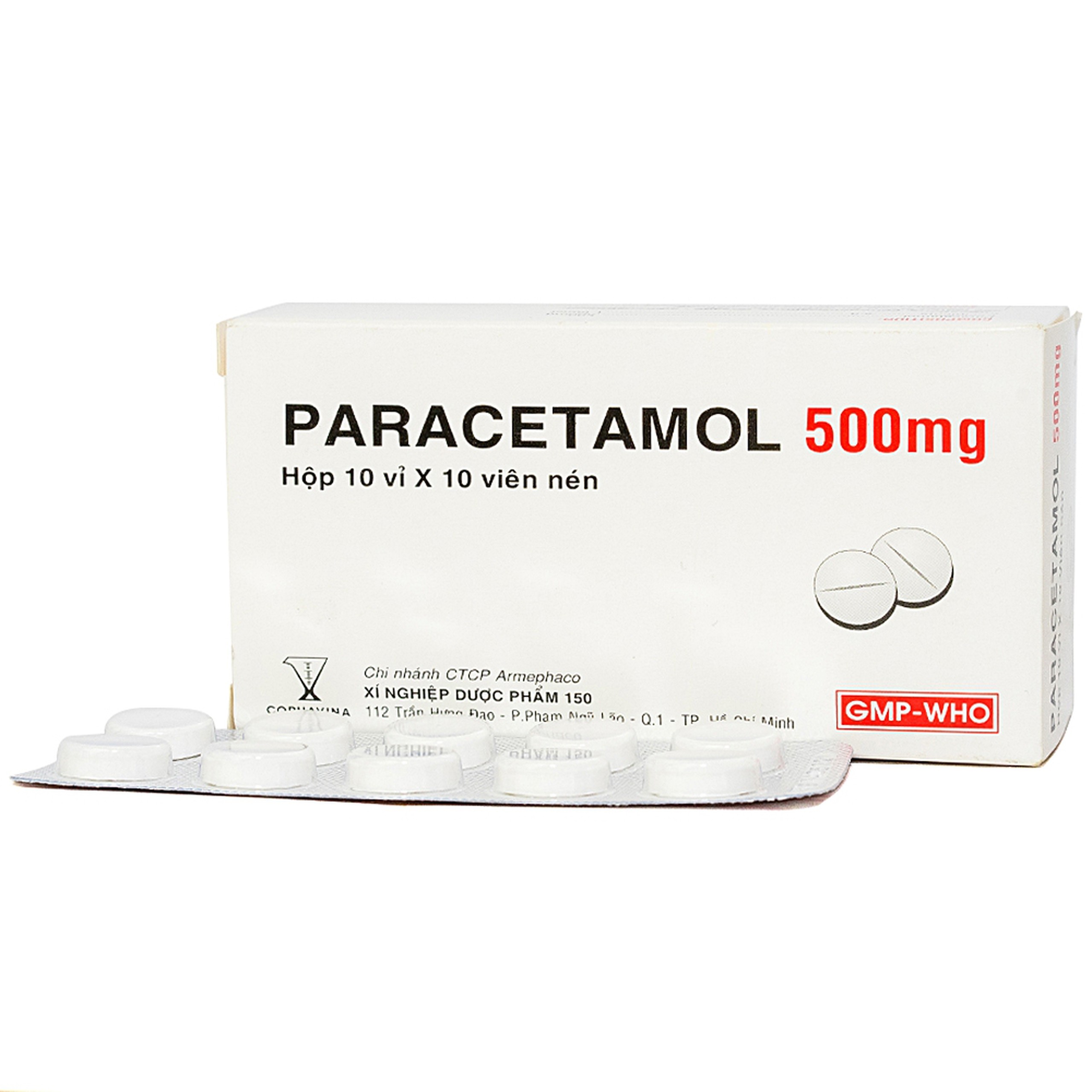 Viên nén Paracetamol 500mg Armepharco điều trị các chứng đau và sốt (10 vỉ x 10 viên) 