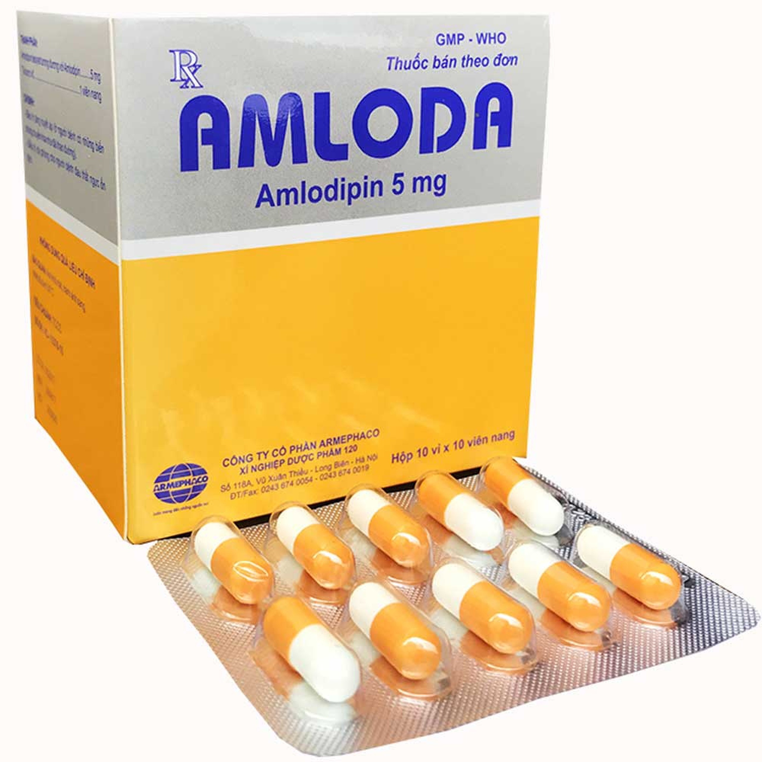 Thuốc Amloda 5mg Armephaco điều trị tăng huyết áp, đau thắt ngực (10 vỉ x 10 viên)