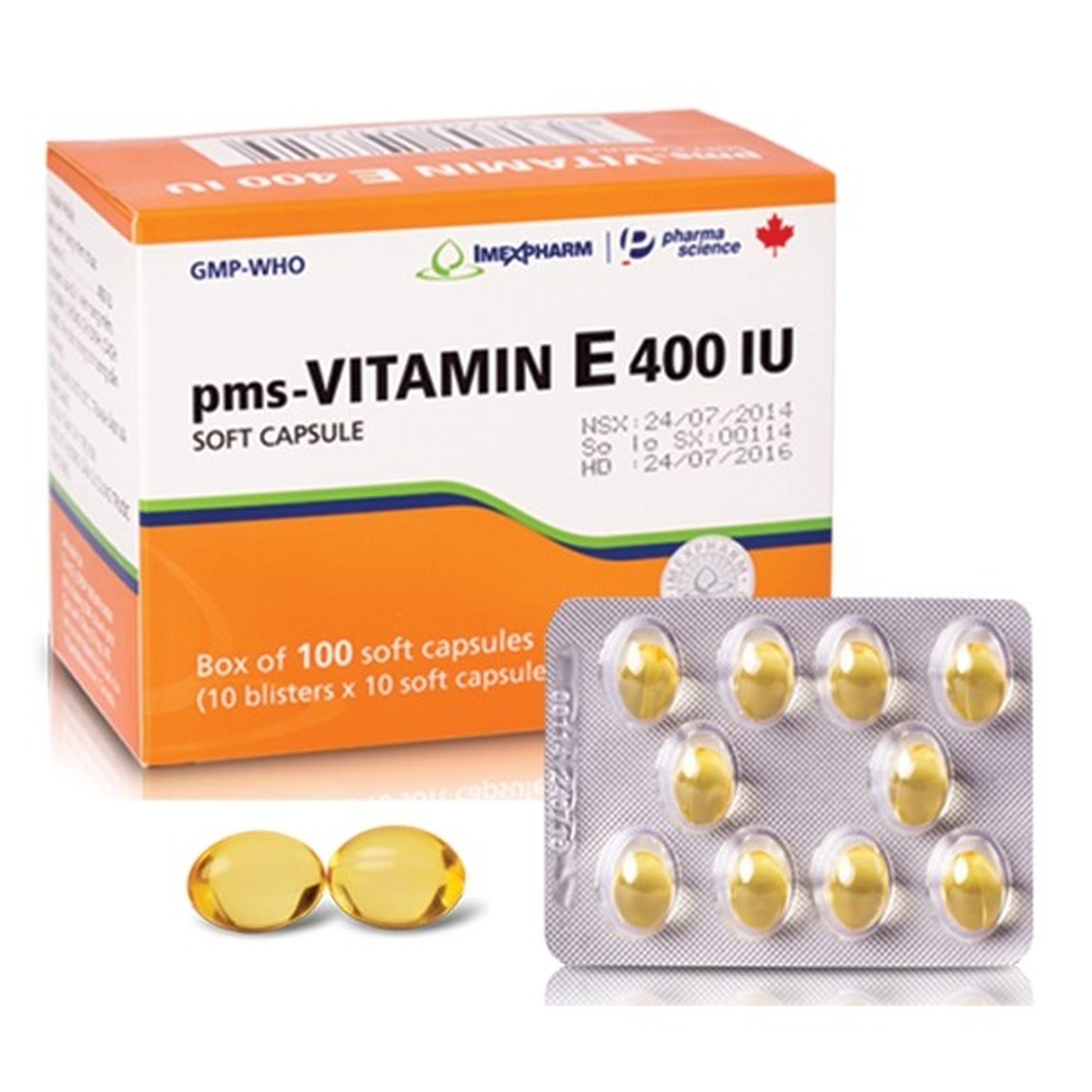 Thuốc Pms-Vitamin E 400IU Imexpharm điều trị tình trạng thiếu vitamin E (10 vỉ x 10 viên)
