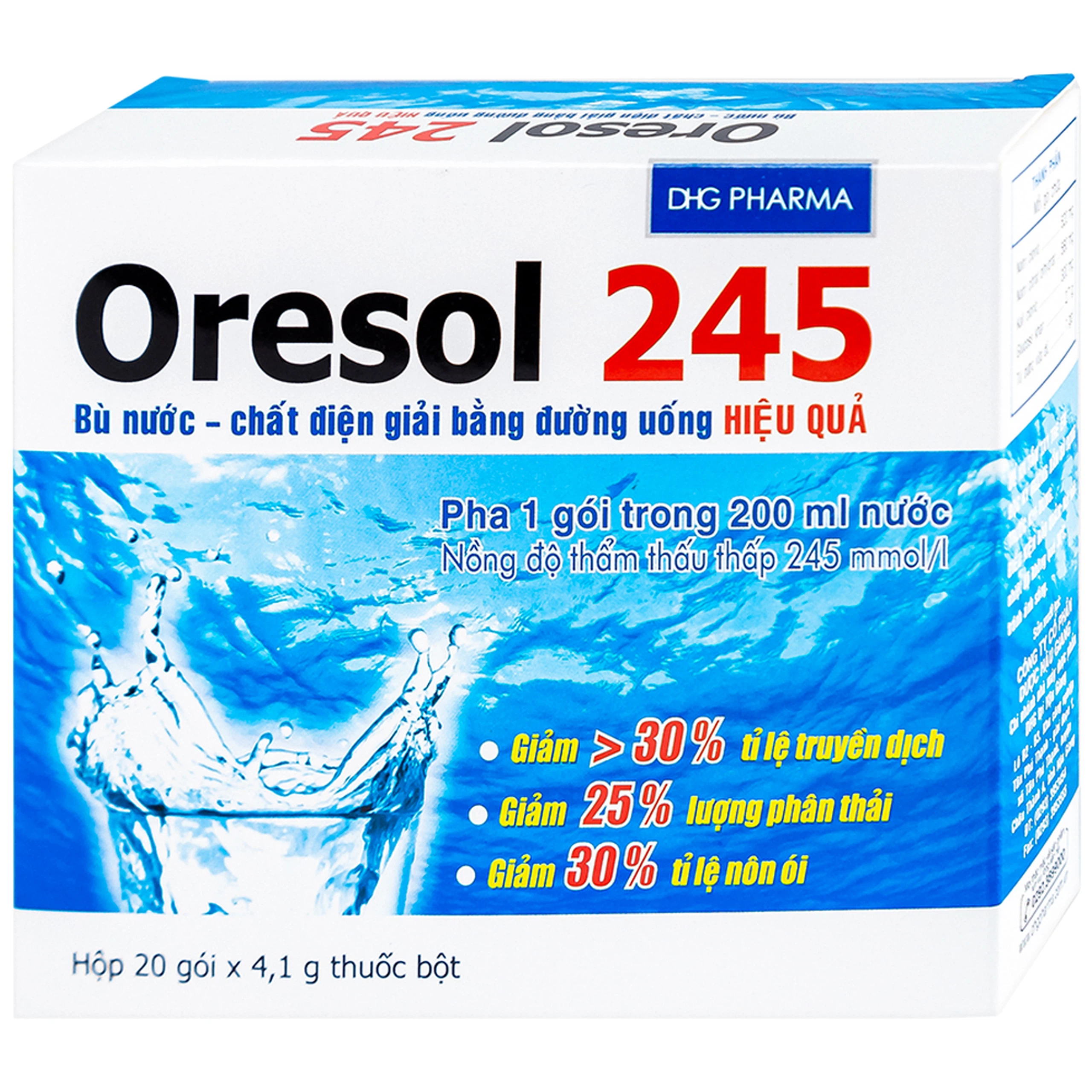 Bột pha uống Oresol 245 DHG Pharma bù nước, bổ sung chất điện giải, điều trị mất nước do tiêu chảy (20 gói x 4.1g)