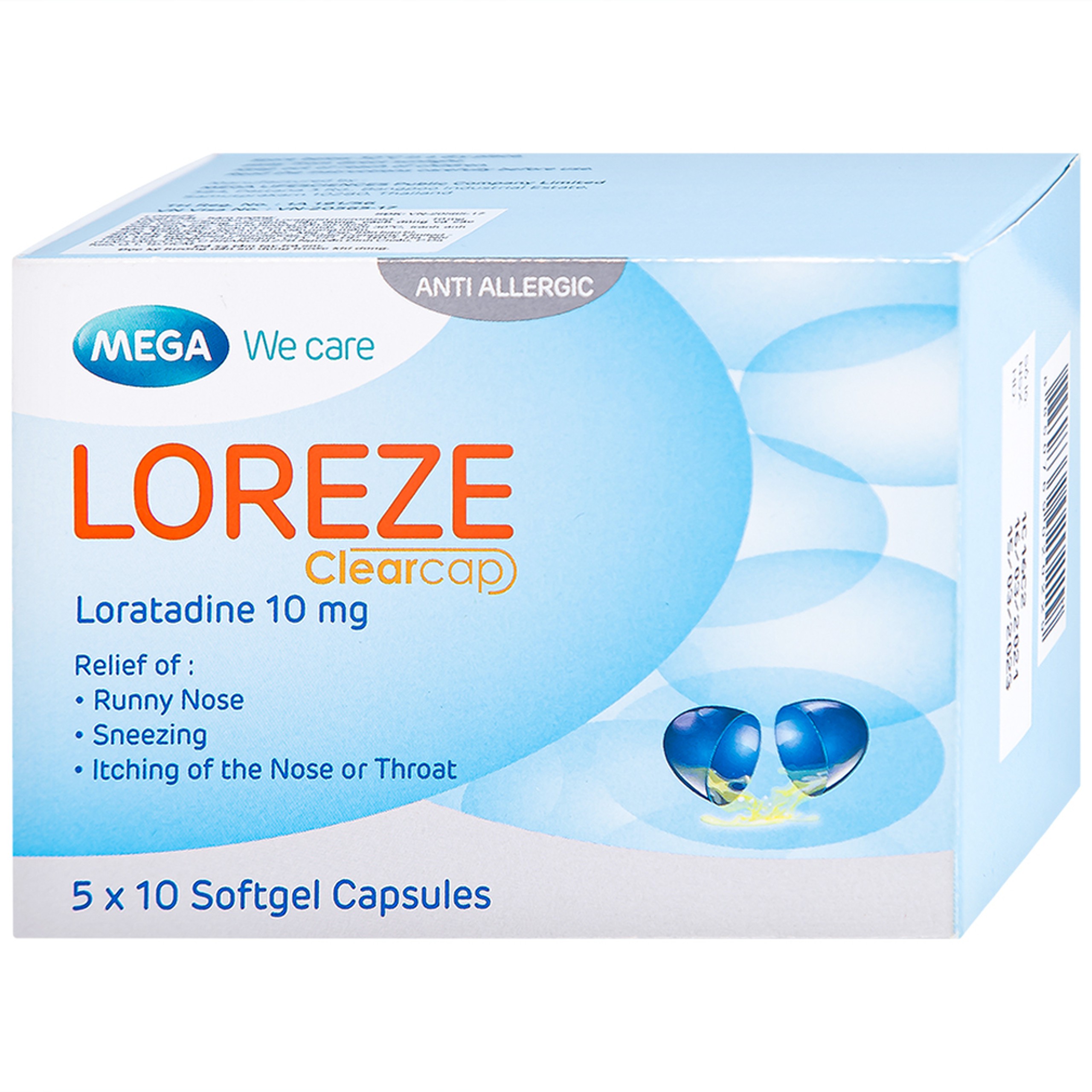 Viên nang mềm Loreze 10mg MEGA We care điều trị viêm mũi dị ứng, mày đay (5 vỉ x 10 viên)