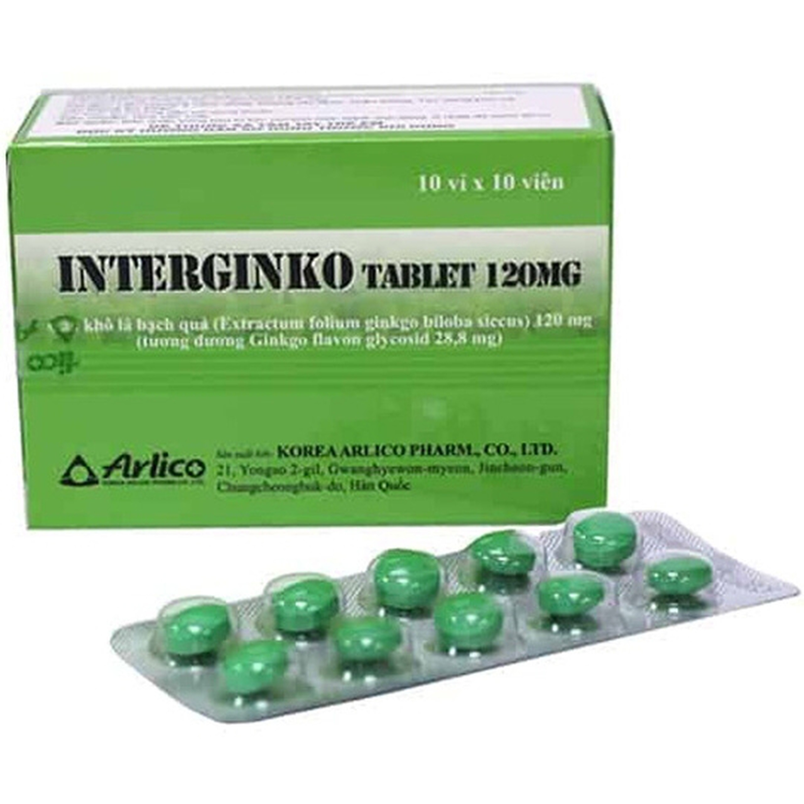 Thuốc Interginko 120mg Arlico điều trị rối loạn tuần hoàn ngoại biên (10 vỉ x 10 viên)