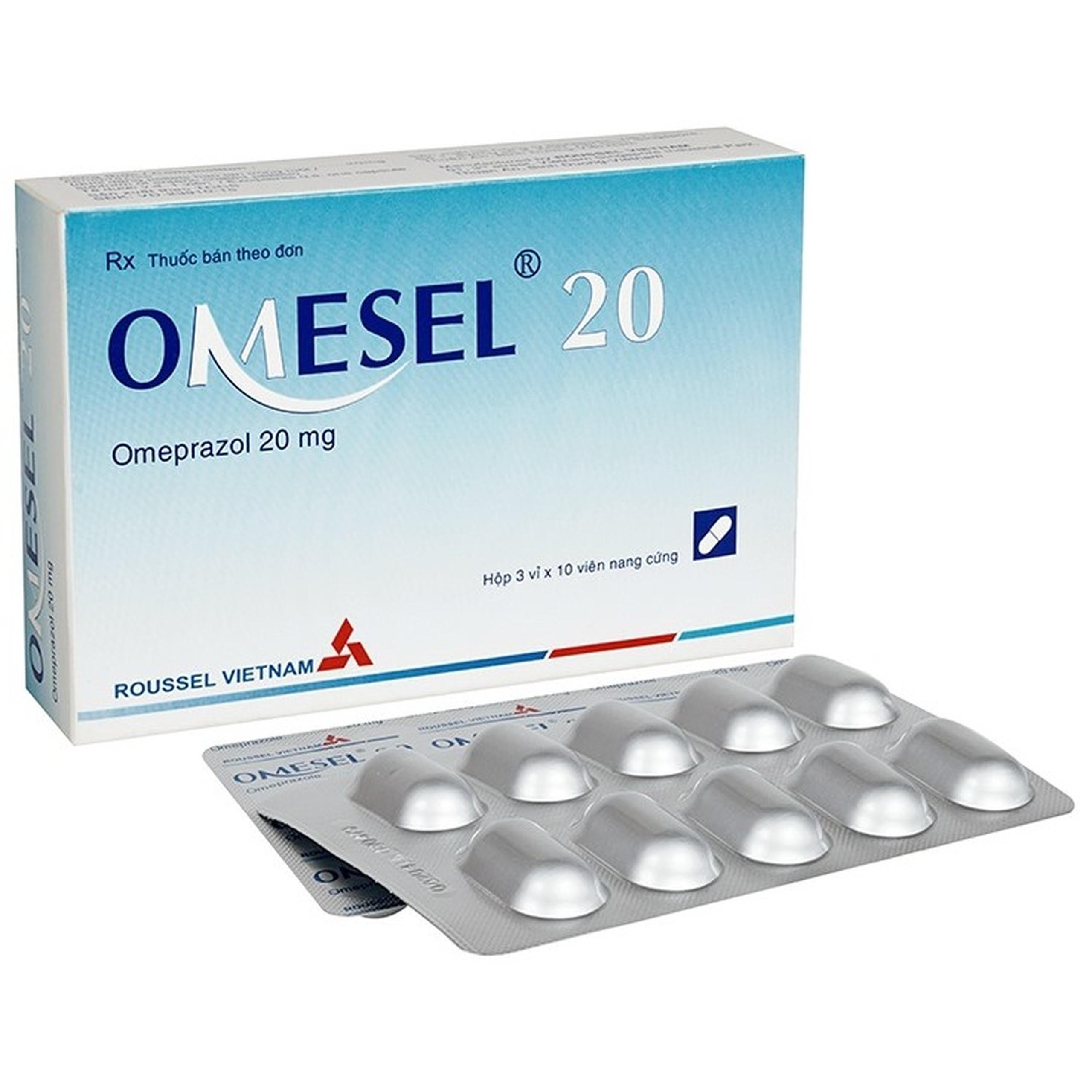 Viên nang cứng Omesel 20 Roussel điều trị và phòng ngừa tái phát loét dạ dày (3 vỉ x 10 viên)