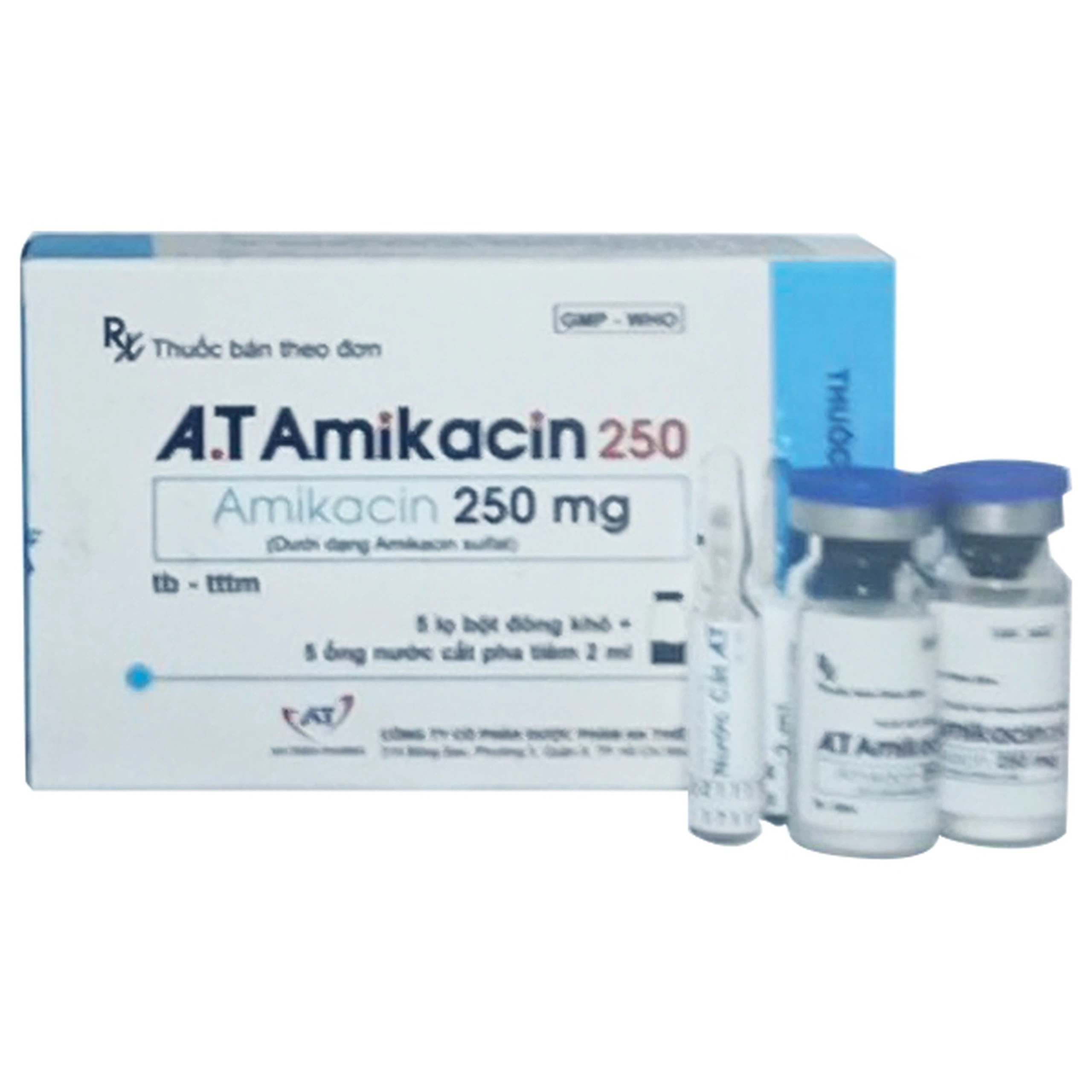 Thuốc A.T Amikacin 250mg An Thiên điều trị nhiễm khuẩn (5 lọ bột + 5 ống dung môi x 2ml)