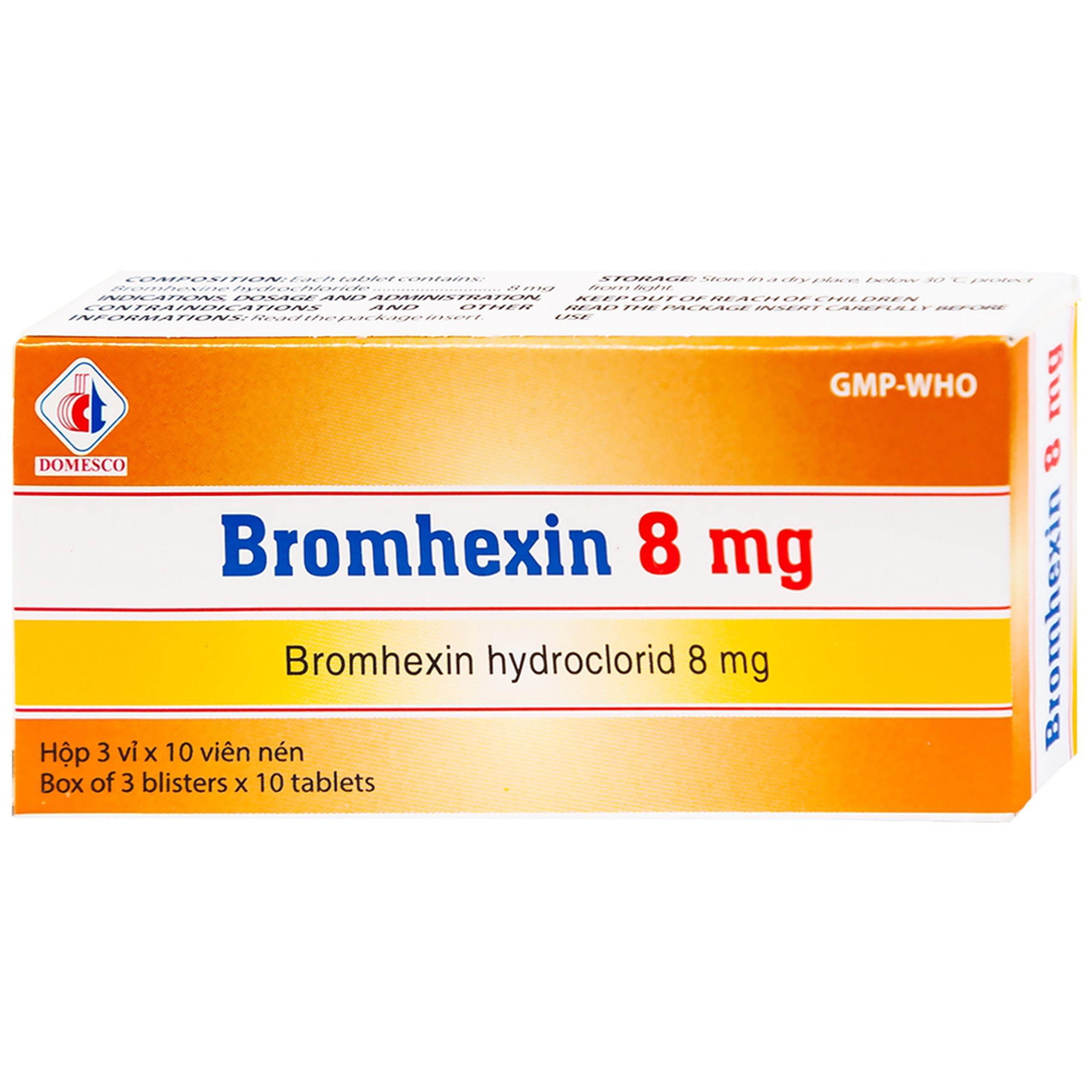 Thuốc Bromhexin 8mg Domesco điều trị rối loạn tiết dịch phế quản trong viêm phế quản cấp tính (3 vỉ x 10 viên)
