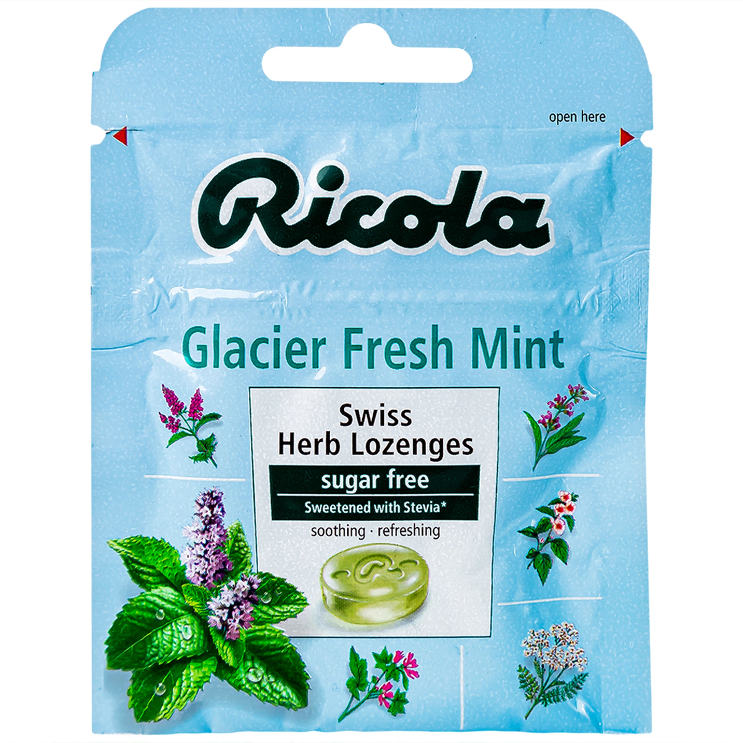 Kẹo ngậm không đường Ricola Glacier Fresh Mint giảm ho, thông cổ mát họng, giảm viêm họng (17.5g)