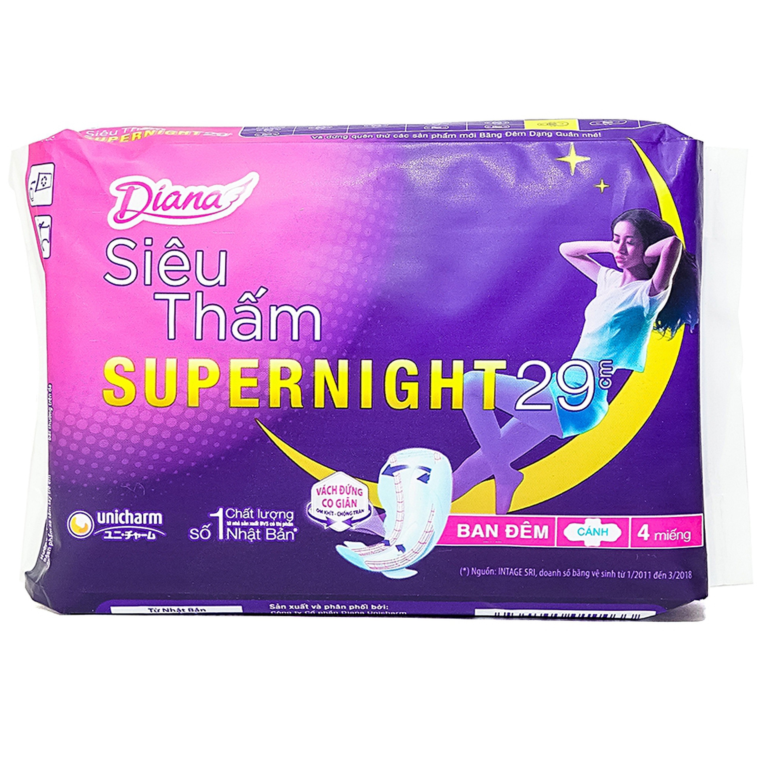Băng vệ sinh ban đêm Diana Siêu Thấm Super Night thấm nhanh gấp 3 lần (4 miếng)